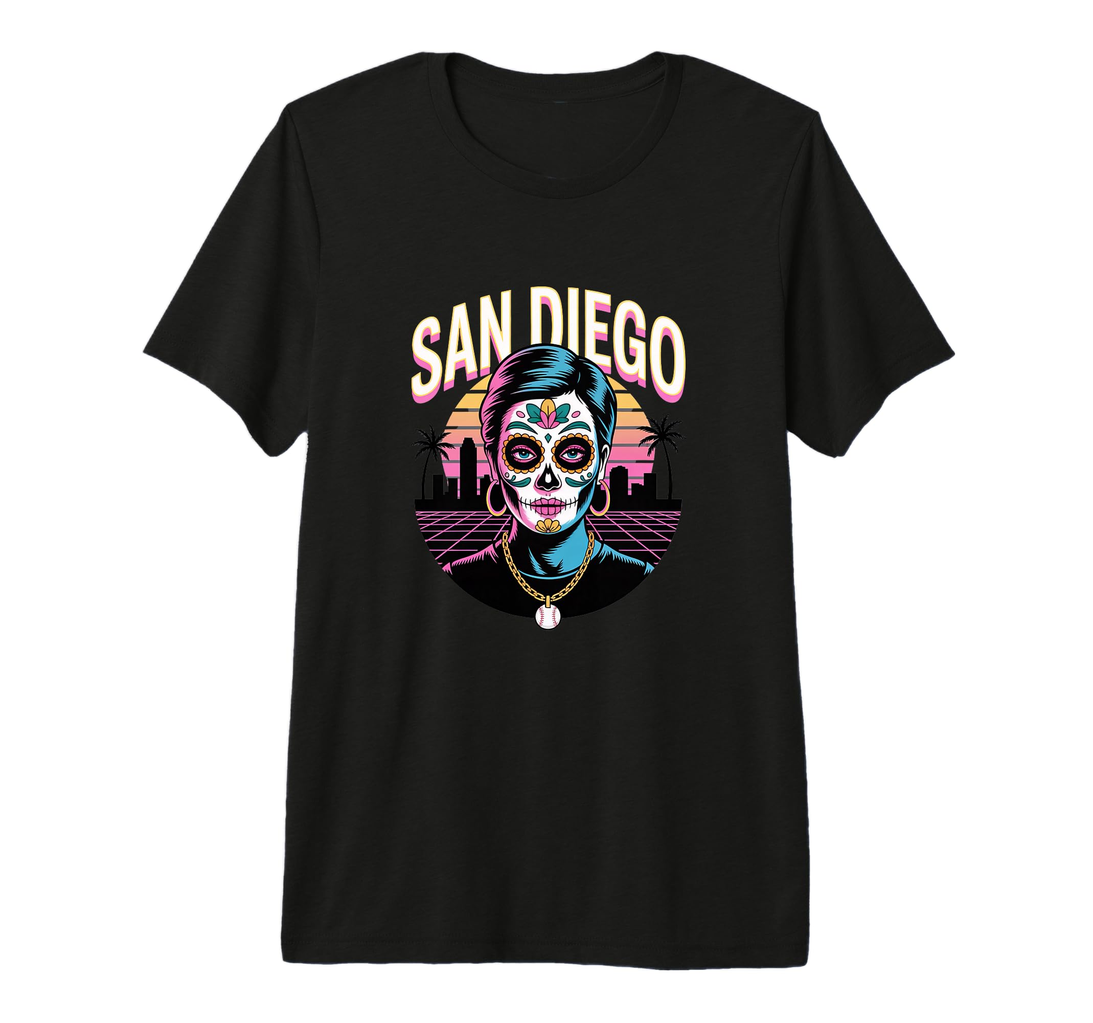 San Diego Sugar Skull Synthwave T-Shirt - Casual Everyday Wear for Adults - T-Shirt, Sweatshirt, Hoodie