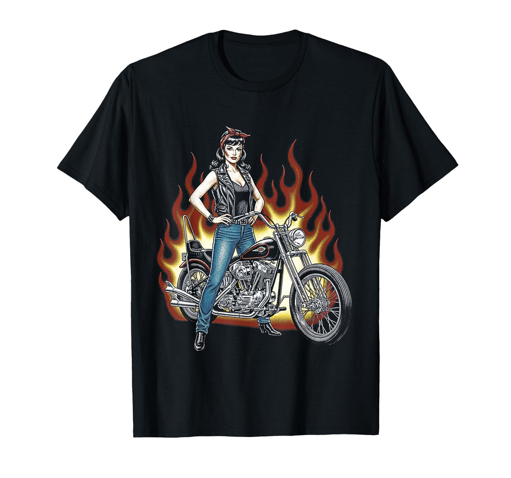Pin Up Biker Chopper Motorcycle T-Shirt - Custom Art Print Unisex - T-Shirt, Sweatshirt, Hoodie