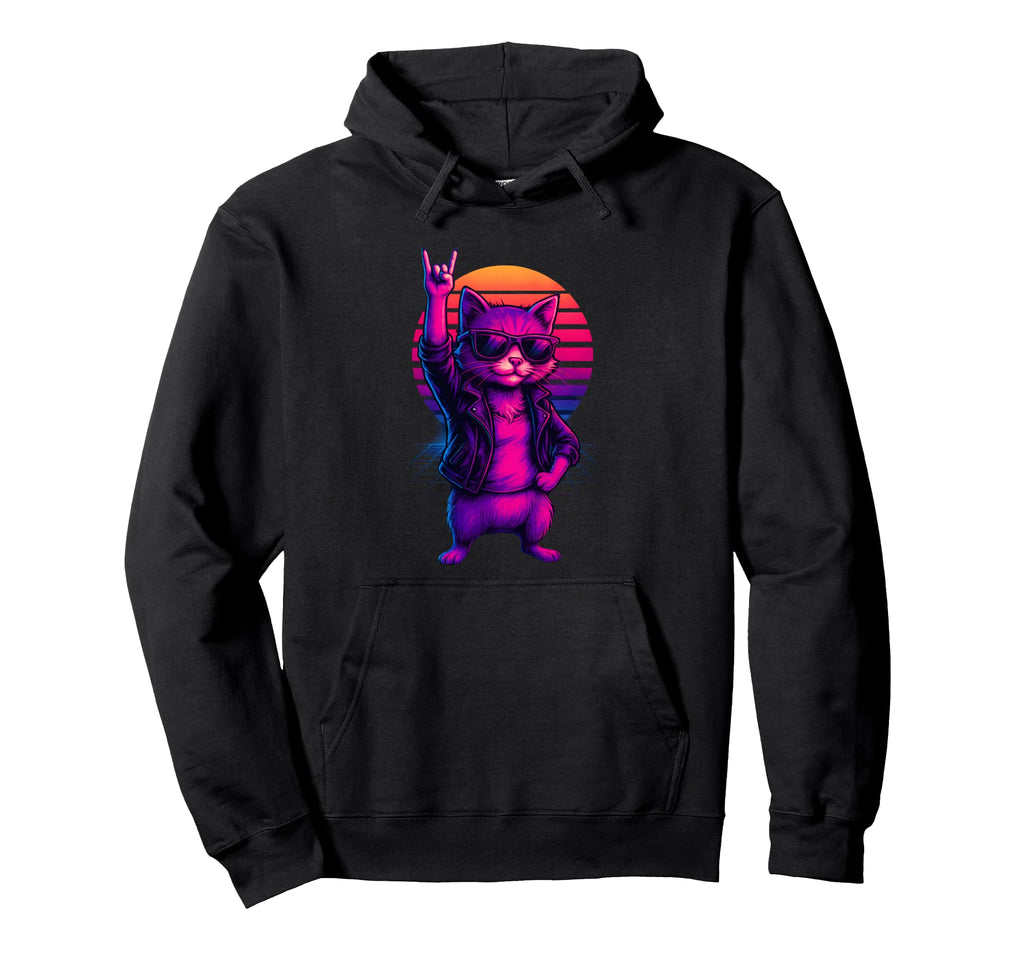 Synthwave Tomcat Cat 80S Rock Hoodie - Casual Everyday Wear for Adults - T-Shirt, Sweatshirt, Hoodie