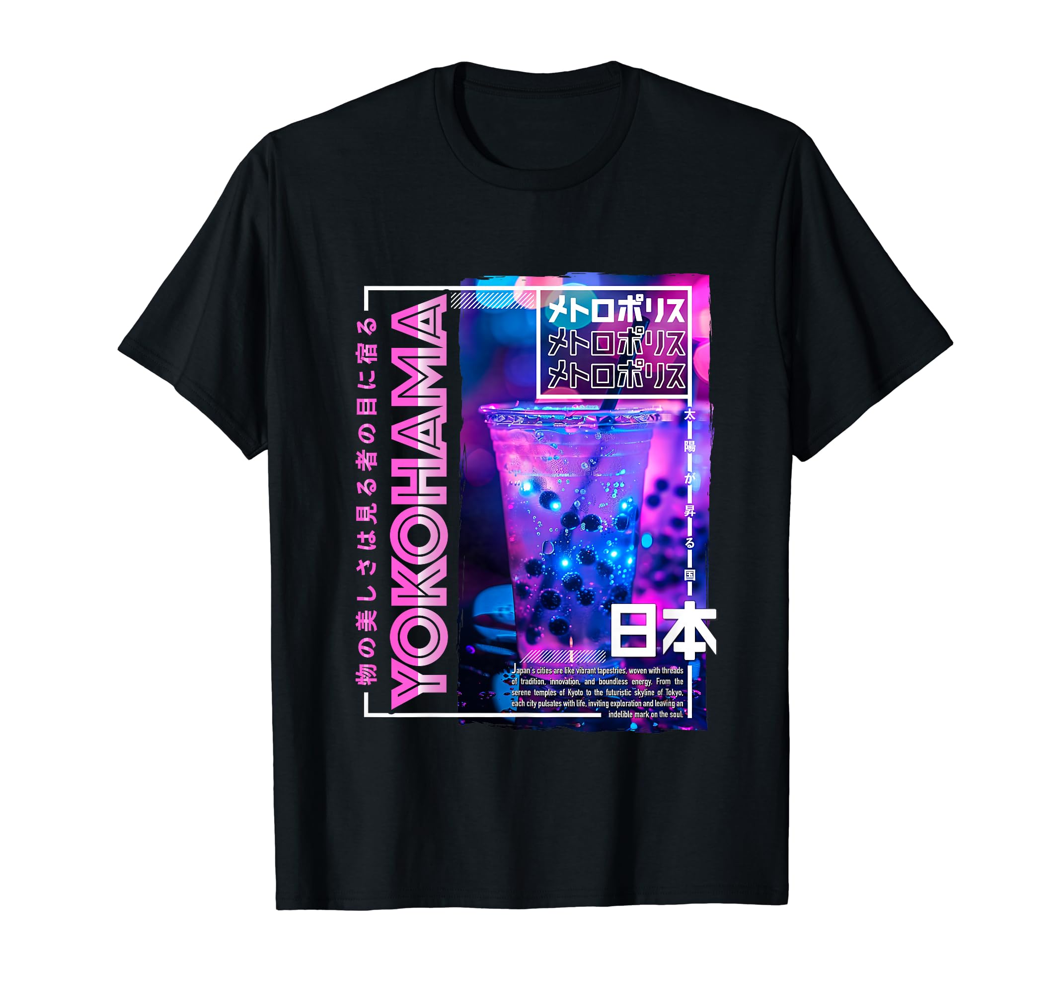 Yokohama City 80S Synthwave Boba Tea T-Shirt - Aesthetic Graphic Men Women - T-Shirt, Sweatshirt, Hoodie