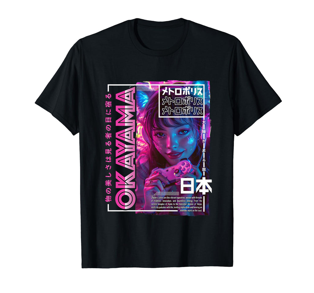 Okayama City 80S Synthwave E Japan T-Shirt - Trendy Graphic for Adults - T-Shirt, Sweatshirt, Hoodie