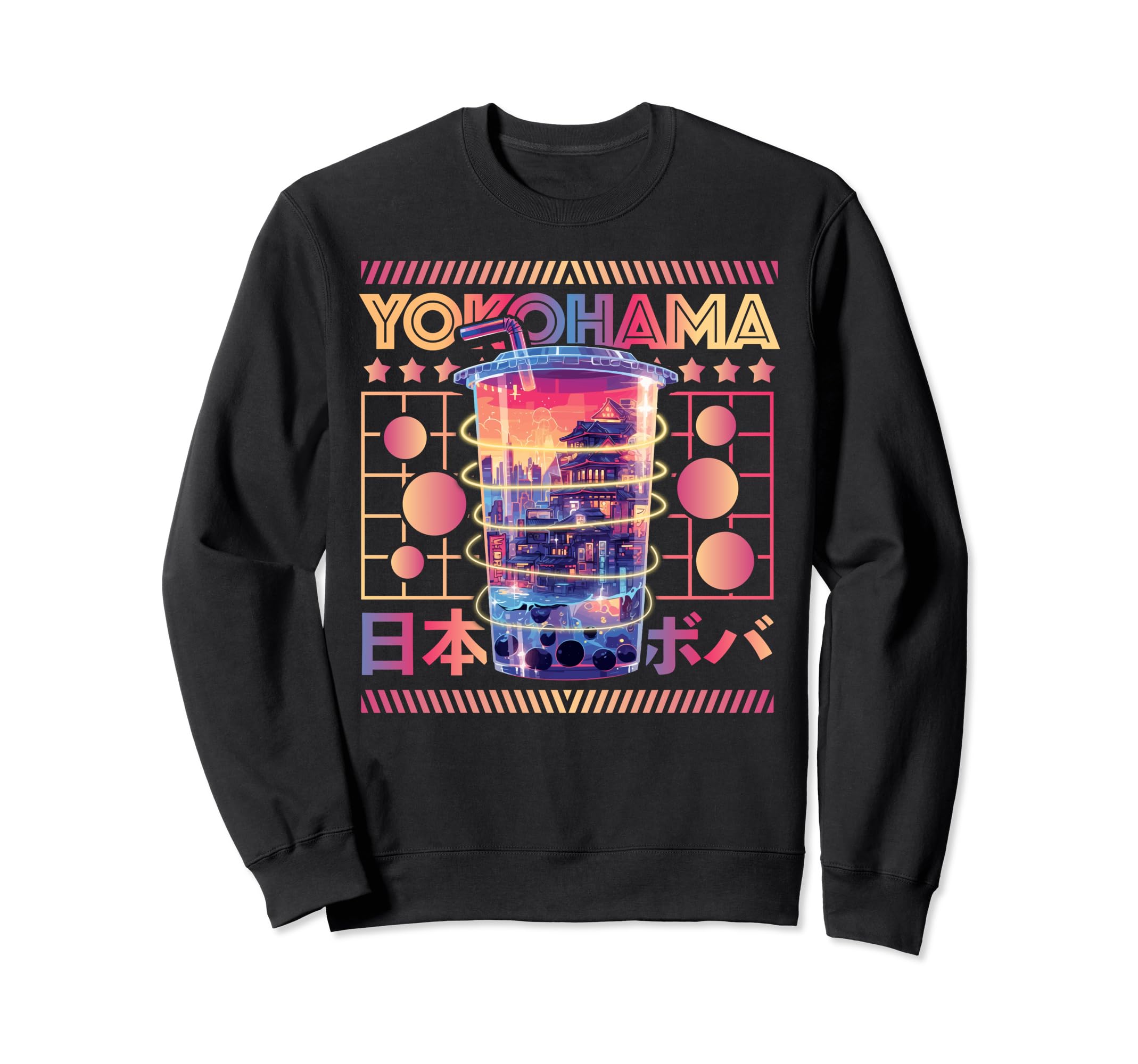 Yokohama City 80S Synthwave Boba Sweatshirt - Trendy Graphic for Adults - T-Shirt, Sweatshirt, Hoodie