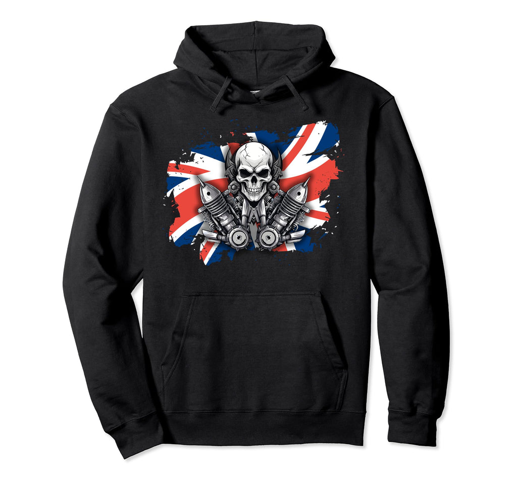 British Patriotic Motorcycle Skull Biker Hoodie - Minimalist Print Unisex - T-Shirt, Sweatshirt, Hoodie