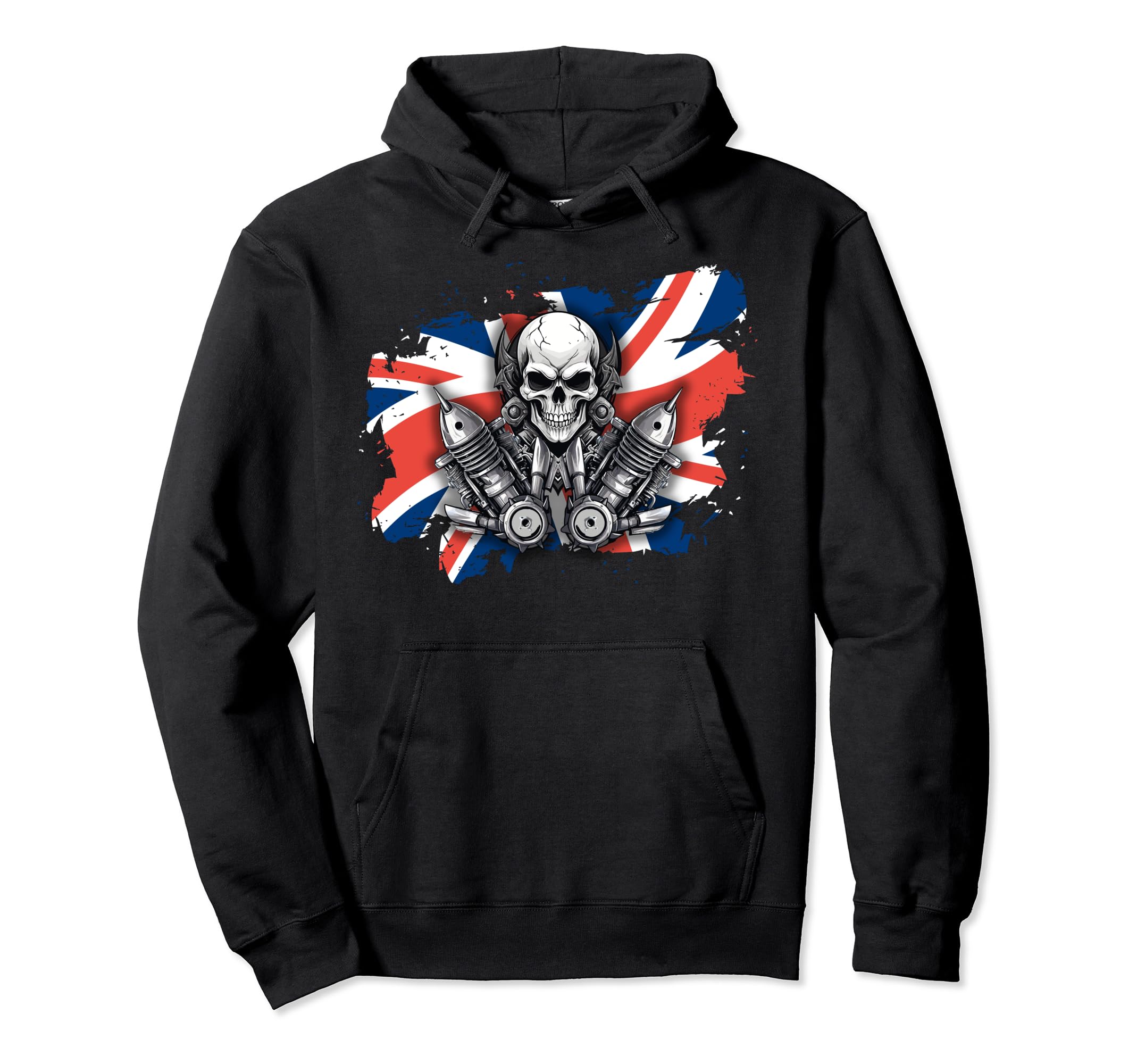 British Patriotic Motorcycle Skull Biker Hoodie - Minimalist Print Unisex - T-Shirt, Sweatshirt, Hoodie