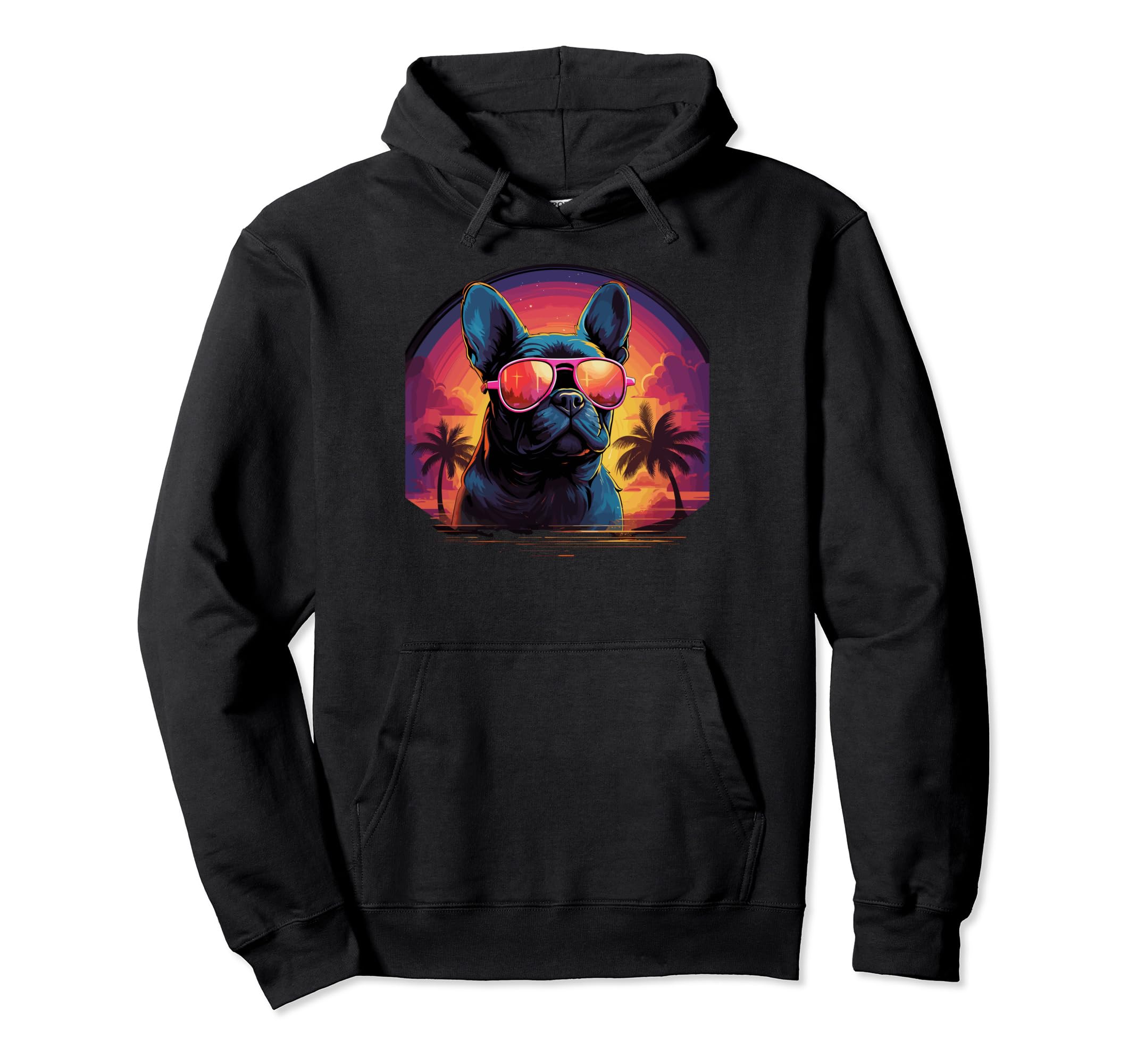 80S Synthwave French Bulldog Hoodie - Custom Art Print Unisex - T-Shirt, Sweatshirt, Hoodie