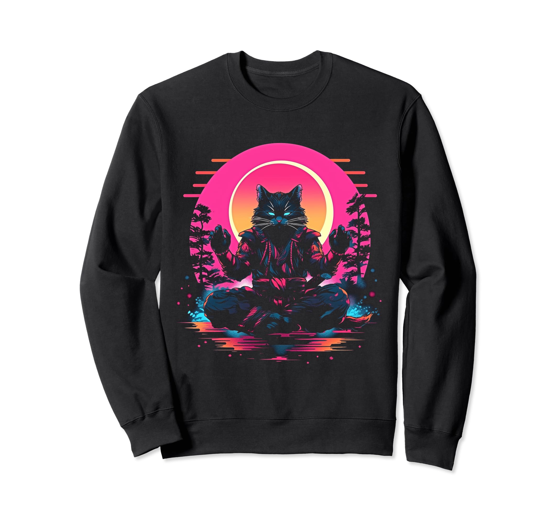 Synthwave Cat Samurai Mediation Sweatshirt - Streetwear Style for Adults - T-Shirt, Sweatshirt, Hoodie