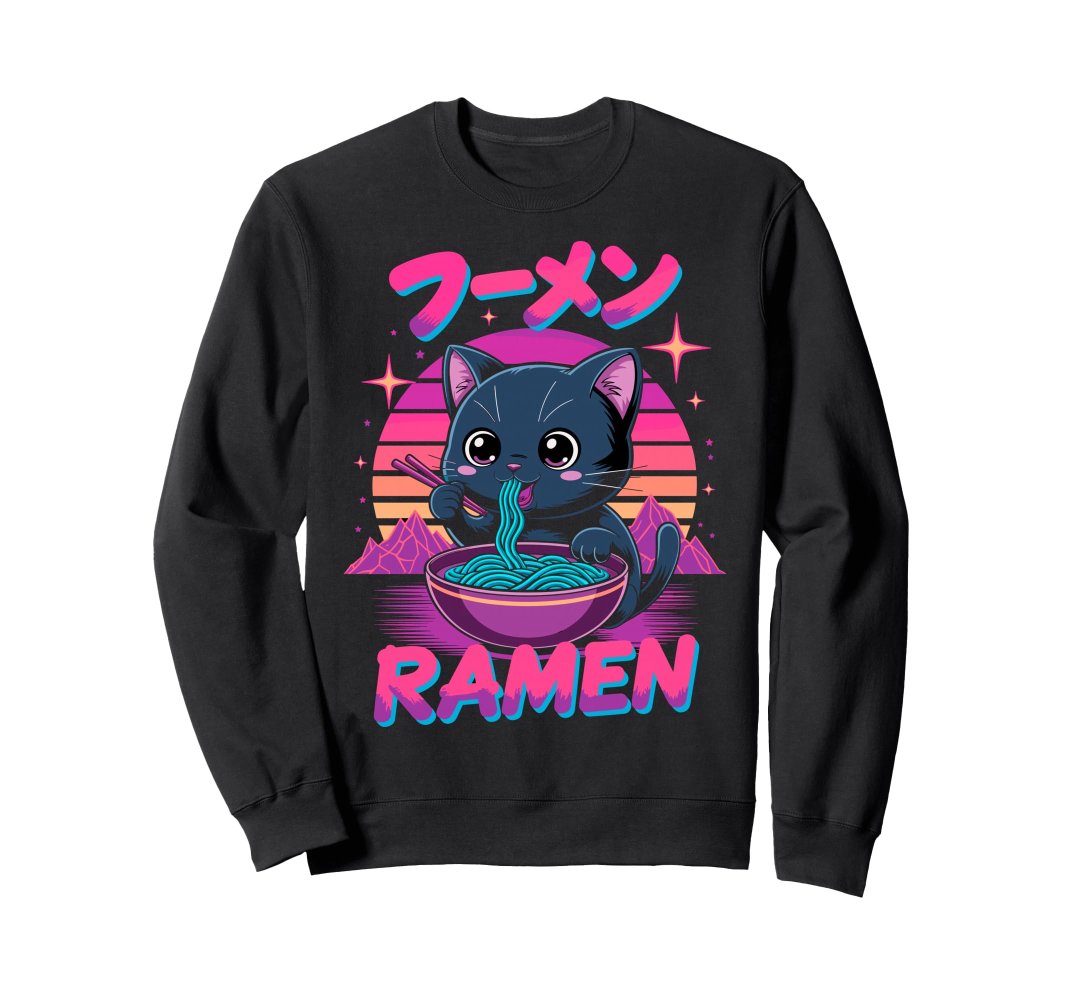 Synthwave Cat Ramen Anime Noodle Sweatshirt - Custom Art Print for Adults - T-Shirt, Sweatshirt, Hoodie