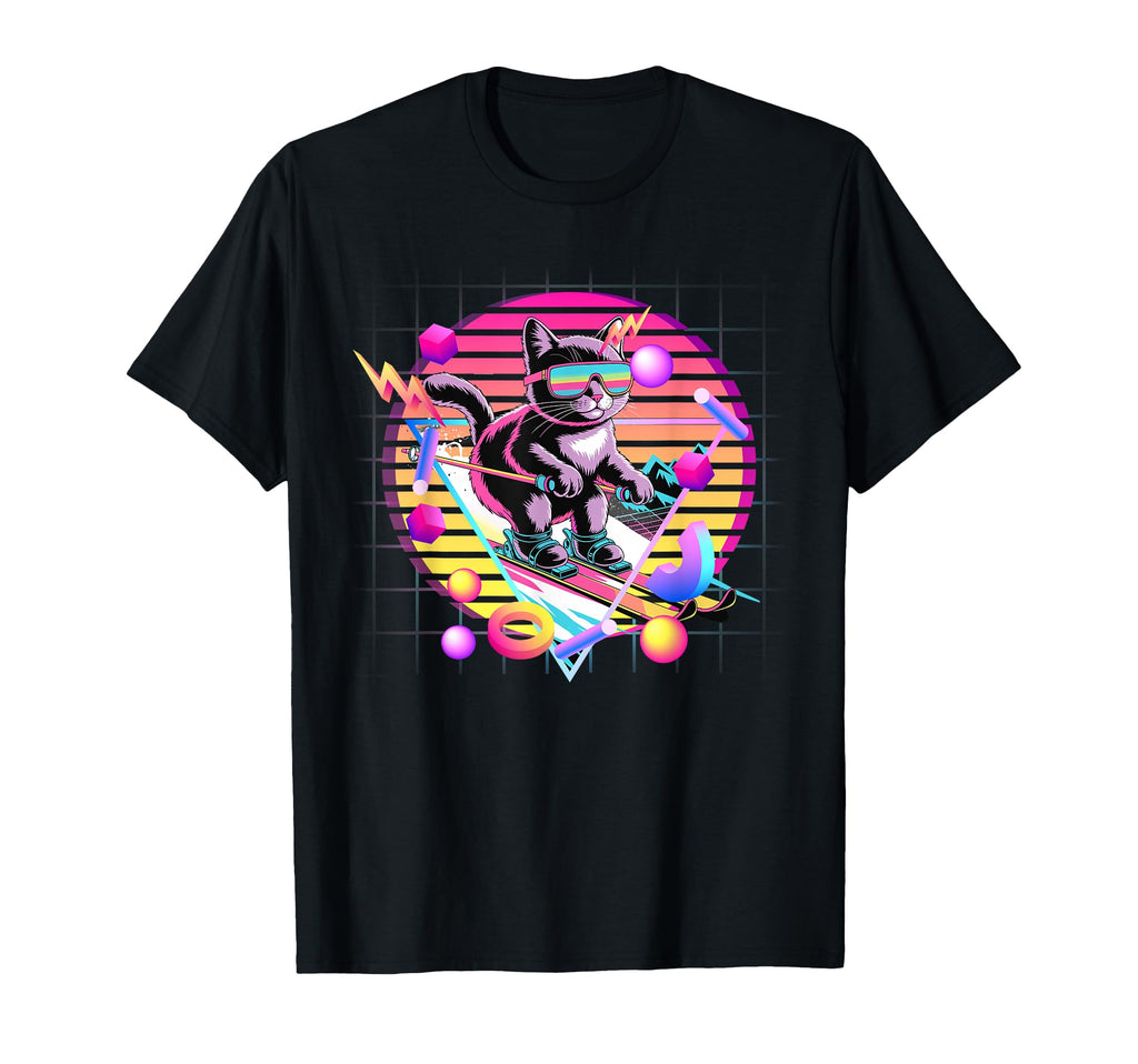 Ski Cat 80S Synthwave Feline Skier Winter T-Shirt - Novelty Apparel Unisex - T-Shirt, Sweatshirt, Hoodie