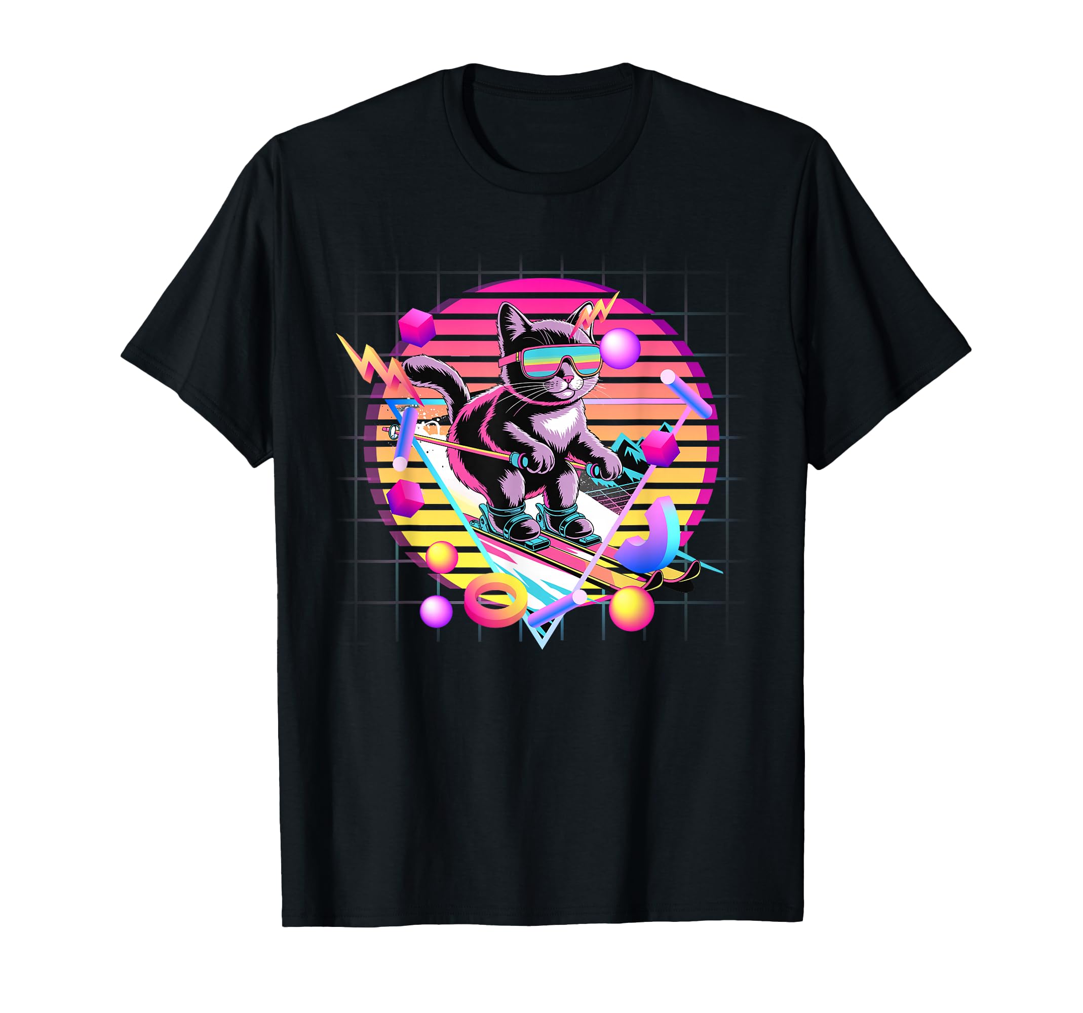 Ski Cat 80S Synthwave Feline Skier Winter T-Shirt - Novelty Apparel Unisex - T-Shirt, Sweatshirt, Hoodie