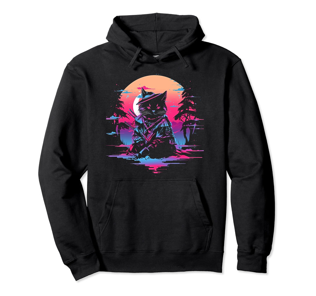 Synthwave Cat Samurai Mediation Hoodie - Casual Everyday Wear Men Women - T-Shirt, Sweatshirt, Hoodie