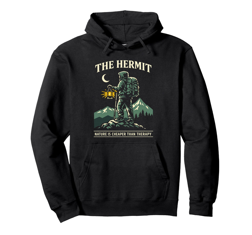 Hermit Tarot Hiker Lantern Mountain Hoodie - Fun Novelty Design Men Women - T-Shirt, Sweatshirt, Hoodie