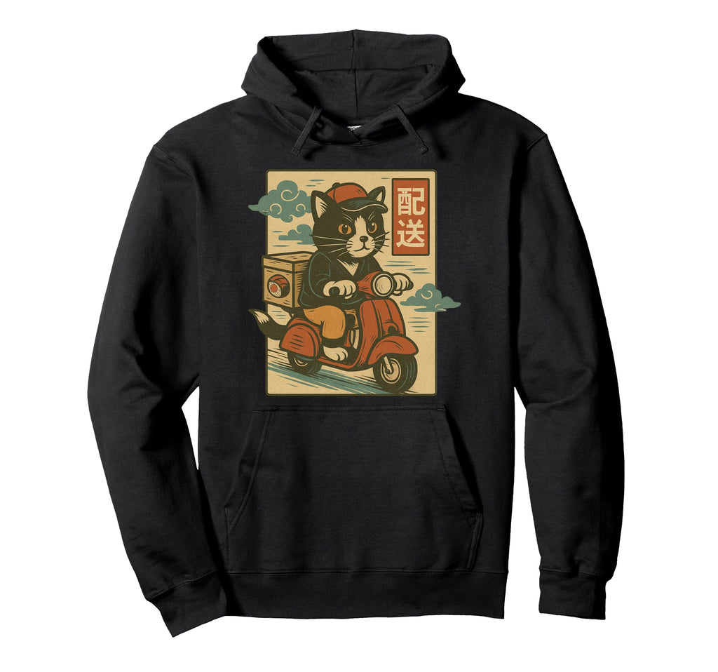 Japanese Delivery Cat Scooter Ride Hoodie - Casual Everyday Wear Men Women - T-Shirt, Sweatshirt, Hoodie