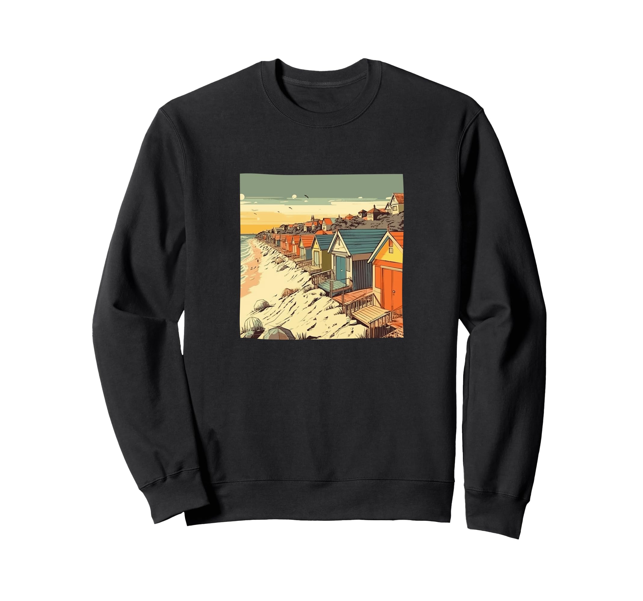 Beach Huts Landscape Colorful Sweatshirt - Streetwear Style for Adults - T-Shirt, Sweatshirt, Hoodie