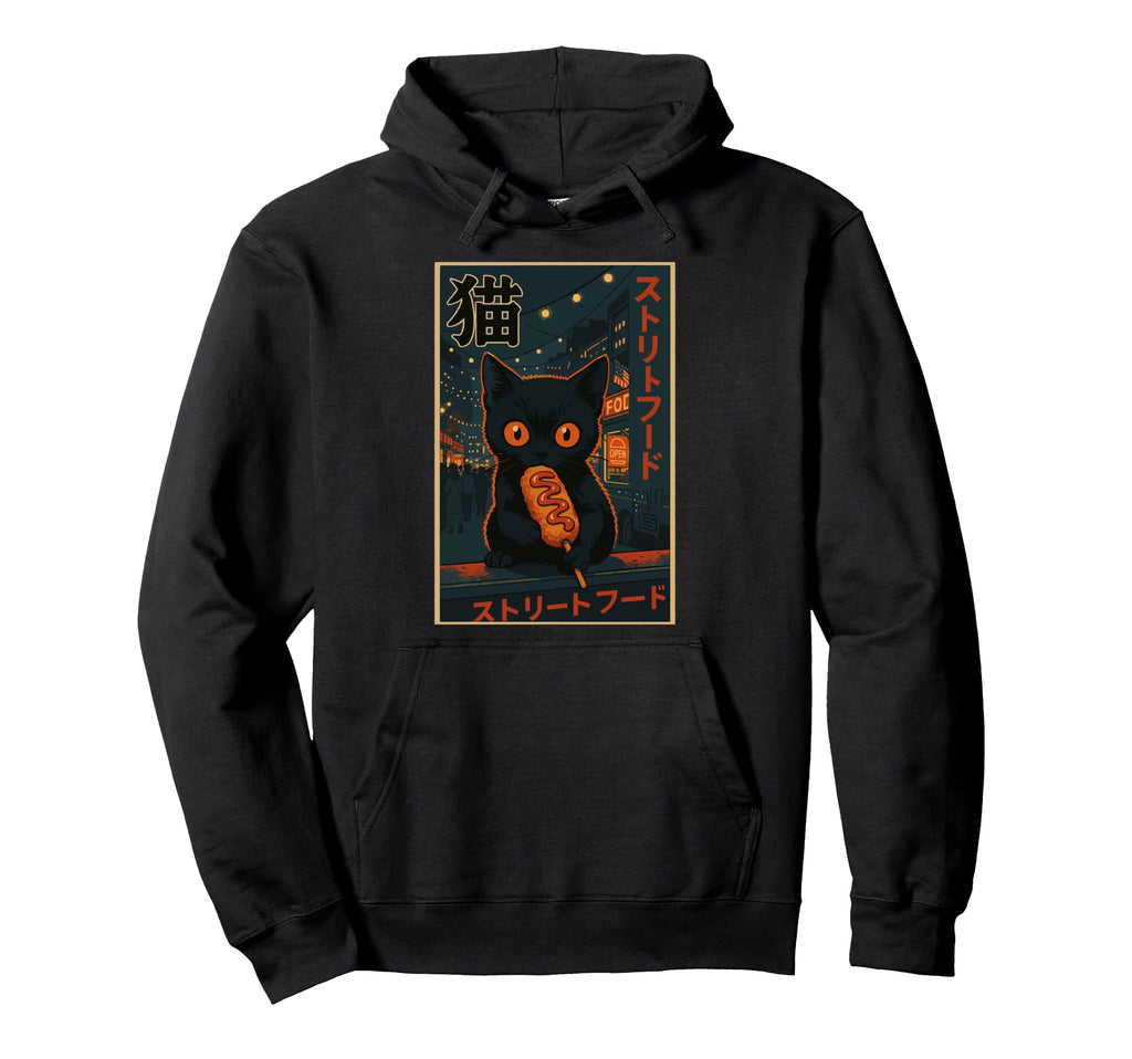 Black Cat Eating Corndog Street Food Hoodie - Unique Graphic Men Women - T-Shirt, Sweatshirt, Hoodie