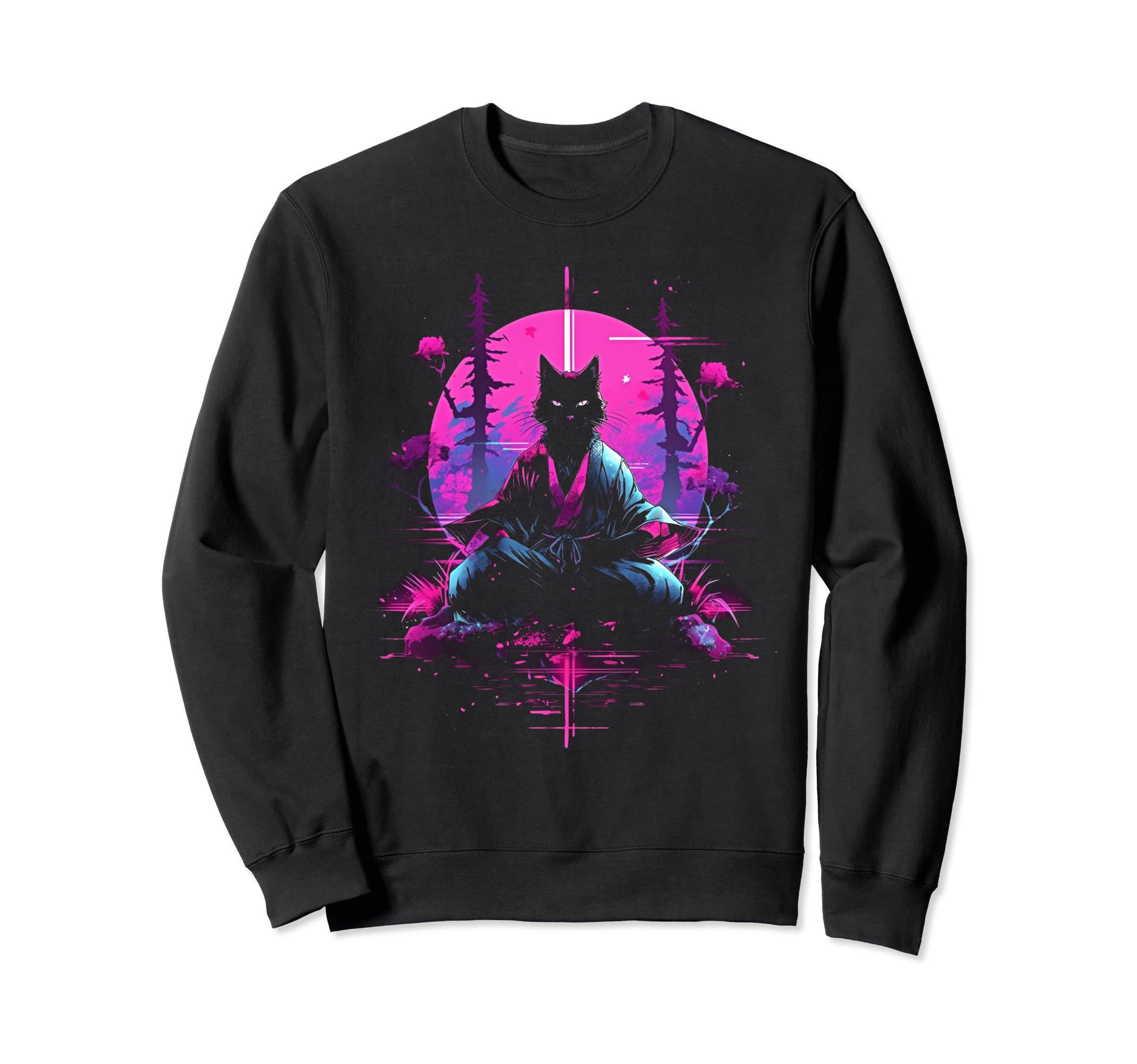 Synthwave Cat Samurai Mediation Sweatshirt - Custom Art Print Men Women - T-Shirt, Sweatshirt, Hoodie