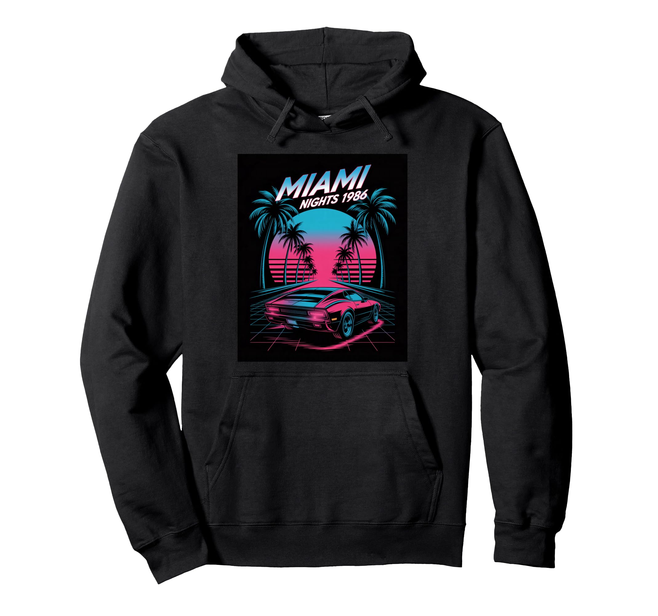 Miami Nights 1986 Synthwave Sunset Hoodie - Fun Novelty Design for Adults - T-Shirt, Sweatshirt, Hoodie