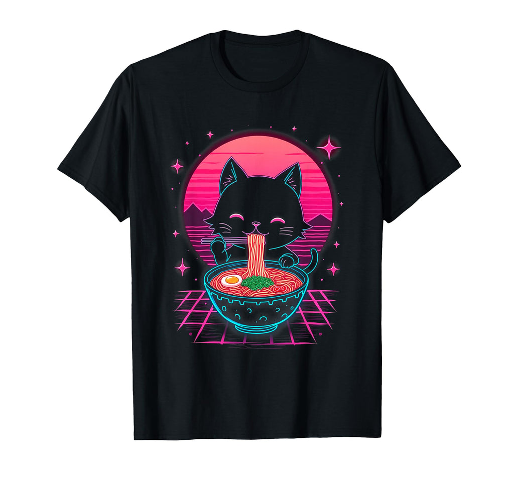 Synthwave Cat Ramen Anime Noodle T-Shirt - Aesthetic Graphic Men Women - T-Shirt, Sweatshirt, Hoodie