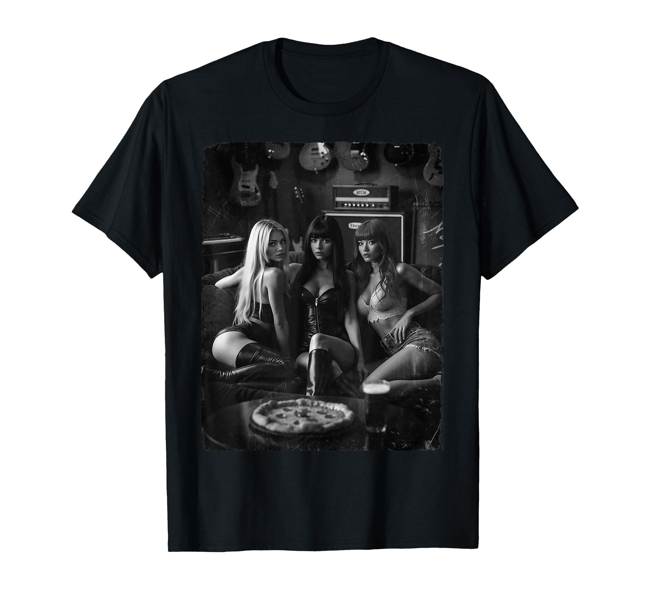 Pinup Guitars 1 Grunge Bw T-Shirt - Unique Graphic for Adults - T-Shirt, Sweatshirt, Hoodie
