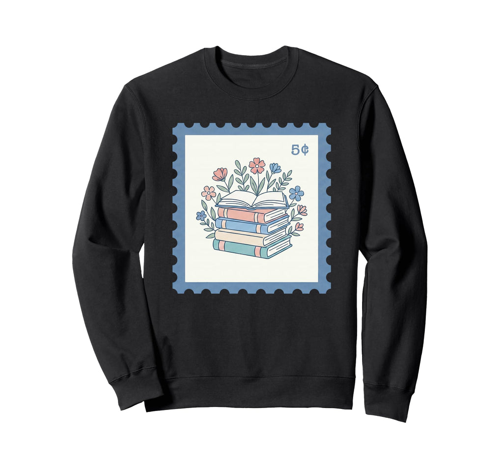 Bookish Postage Stamp Book Stack Sweatshirt - Graphic Print for Adults - T-Shirt, Sweatshirt, Hoodie