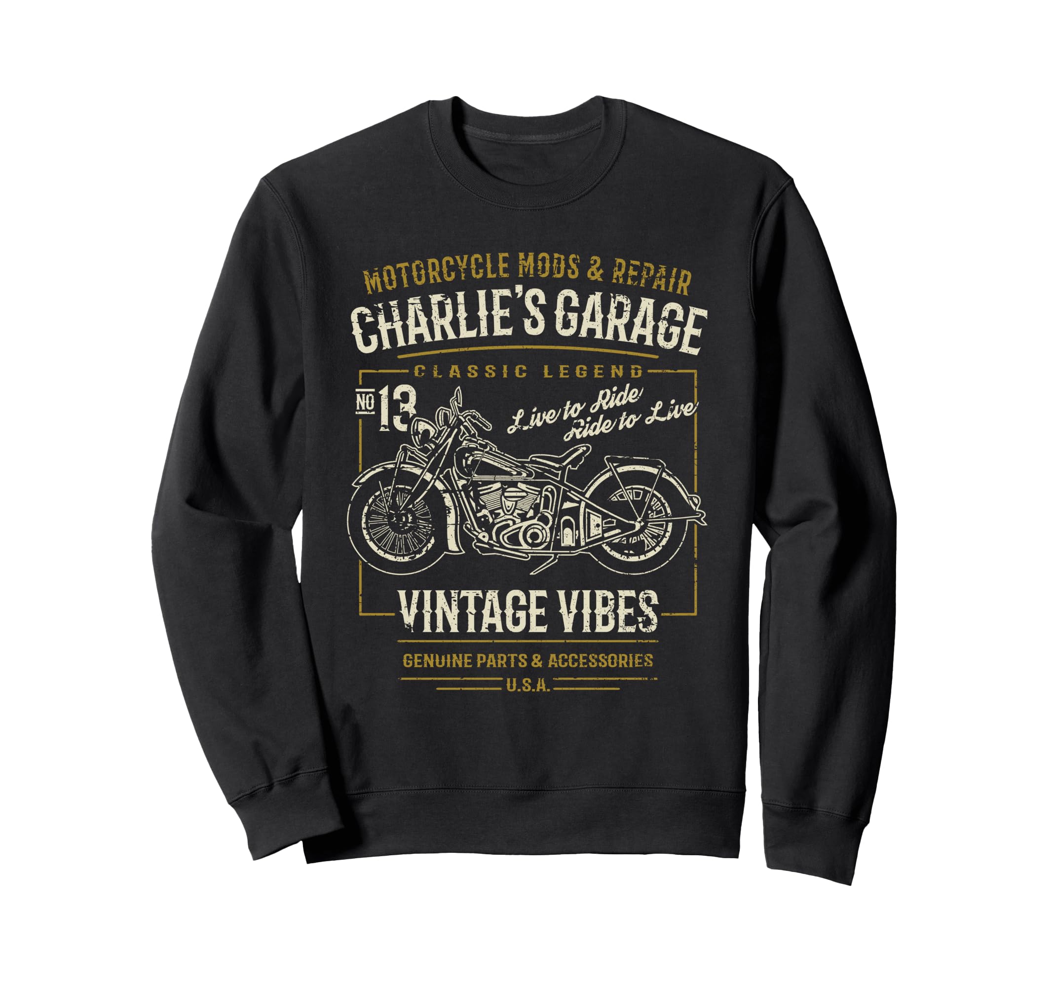 Charlies Garage Motorcycle Sweatshirt - Graphic Print Men Women - T-Shirt, Sweatshirt, Hoodie