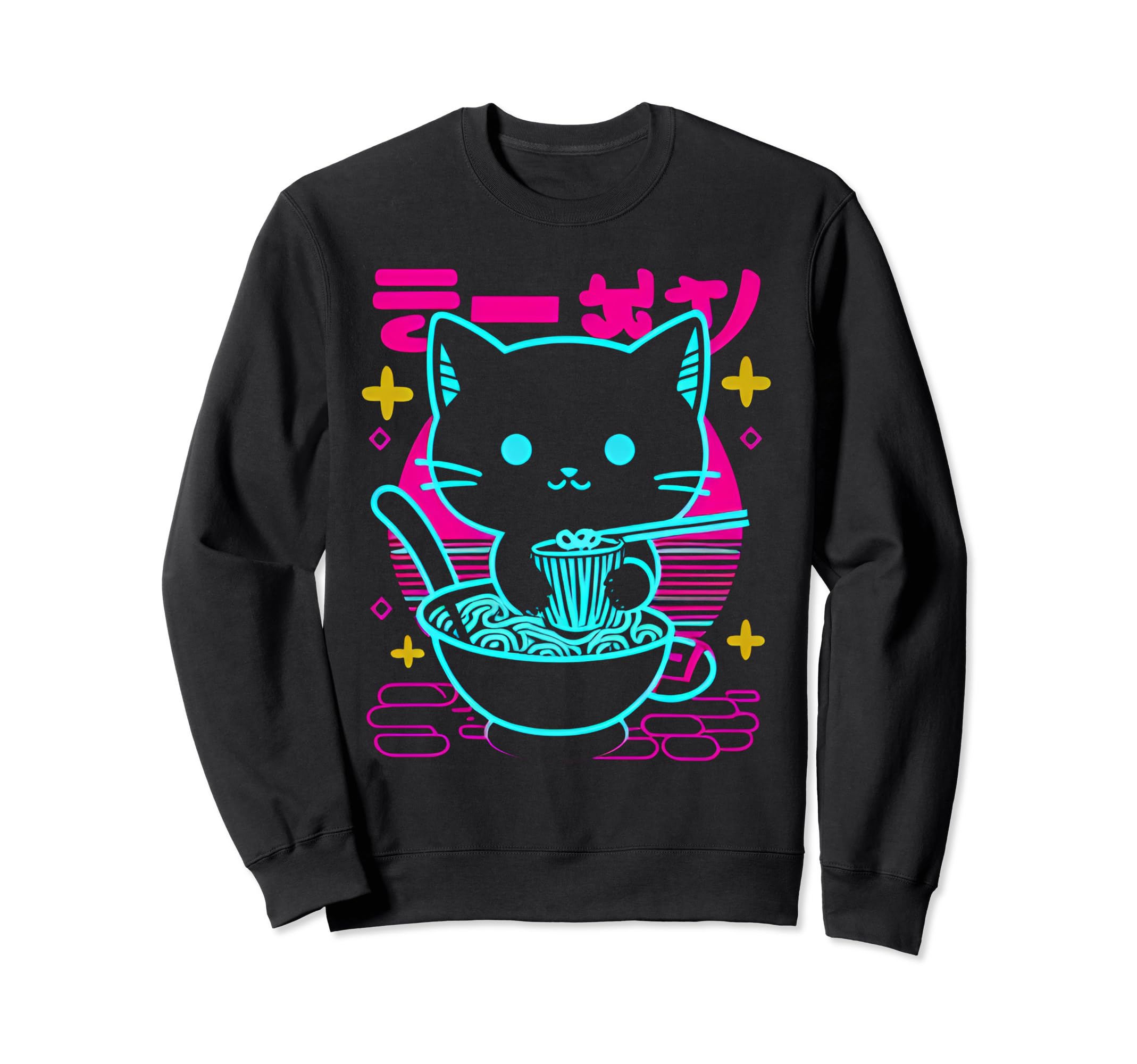 Kawaii Anime Cat Eating Ramen 80S Sweatshirt - Casual Everyday Wear Unisex - T-Shirt, Sweatshirt, Hoodie