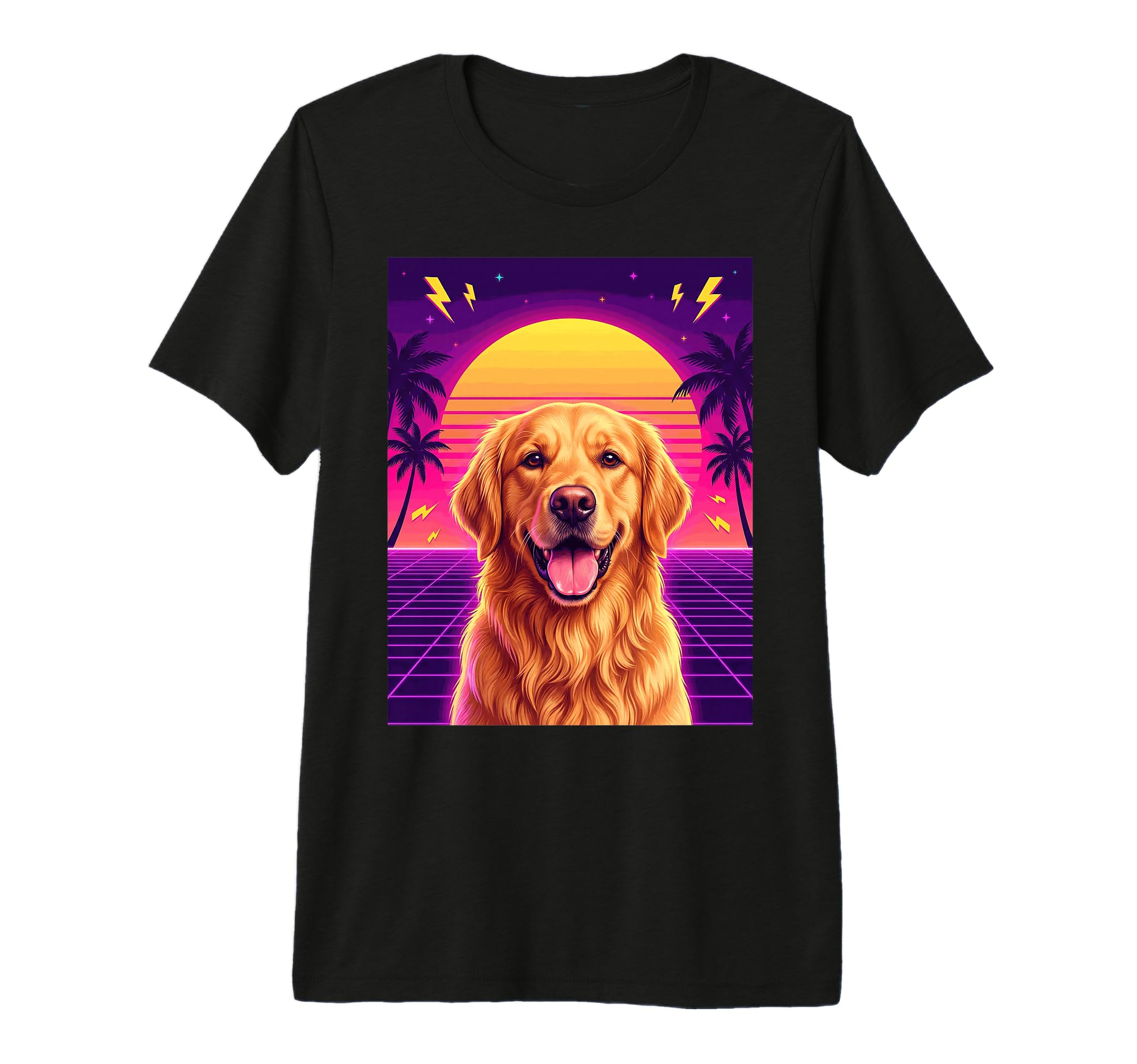 Synthwave Golden Retriever Sunset 80S T-Shirt - Unique Graphic for Adults - T-Shirt, Sweatshirt, Hoodie