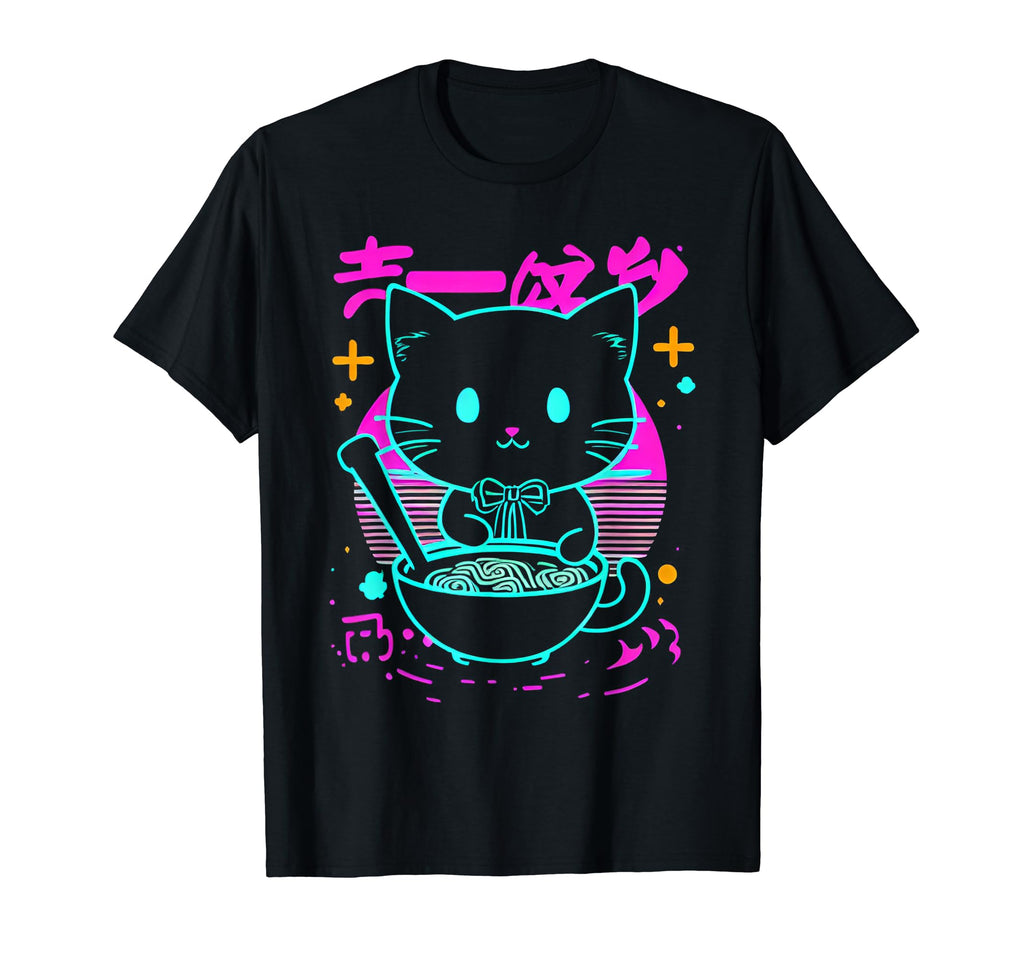 Kawaii Anime Cat Eating Ramen 80S T-Shirt - Custom Art Print for Adults - T-Shirt, Sweatshirt, Hoodie