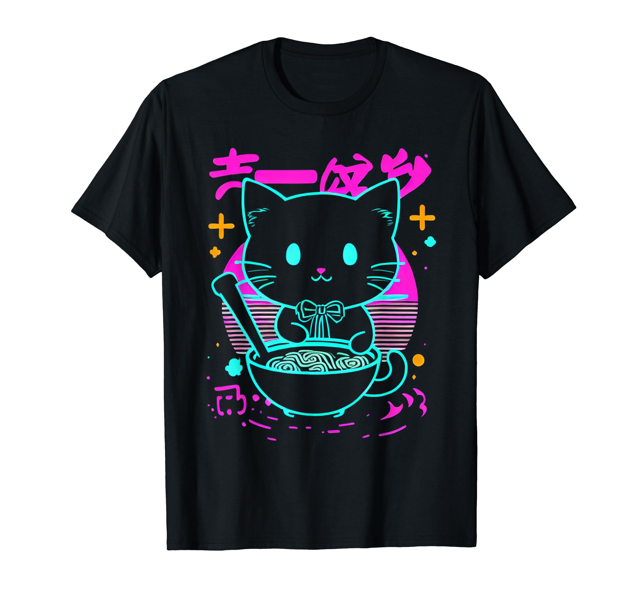 Kawaii Anime Cat Eating Ramen 80S T-Shirt - Custom Art Print for Adults - T-Shirt, Sweatshirt, Hoodie