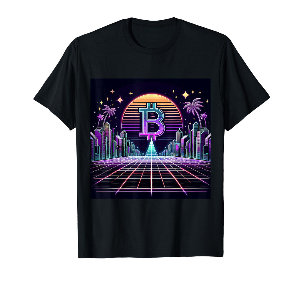 Crypto City Synthwave Bitcoin Sunrise T-Shirt - Unique Graphic Men Women - T-Shirt, Sweatshirt, Hoodie