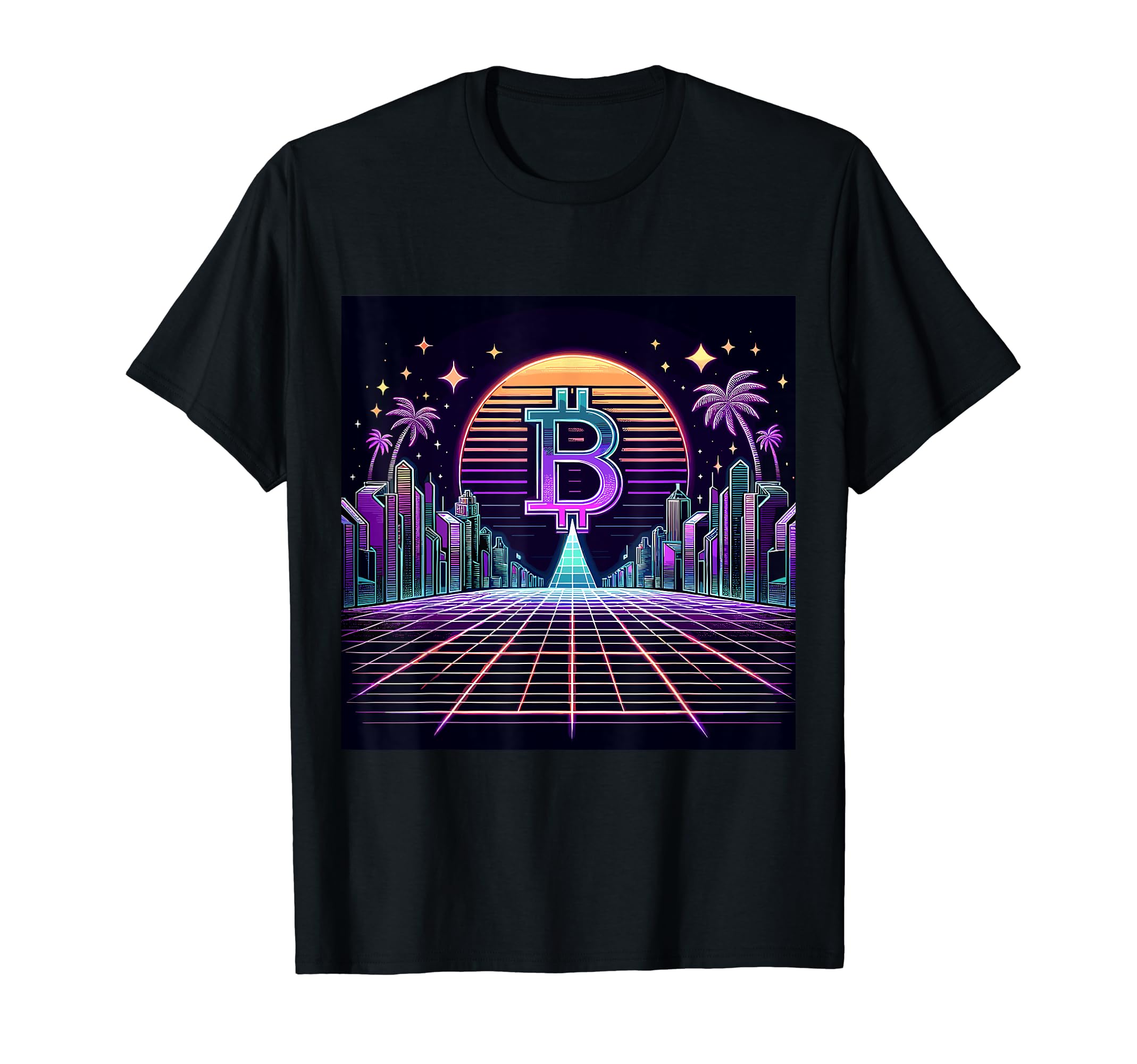 Crypto City Synthwave Bitcoin Sunrise T-Shirt - Unique Graphic Men Women - T-Shirt, Sweatshirt, Hoodie
