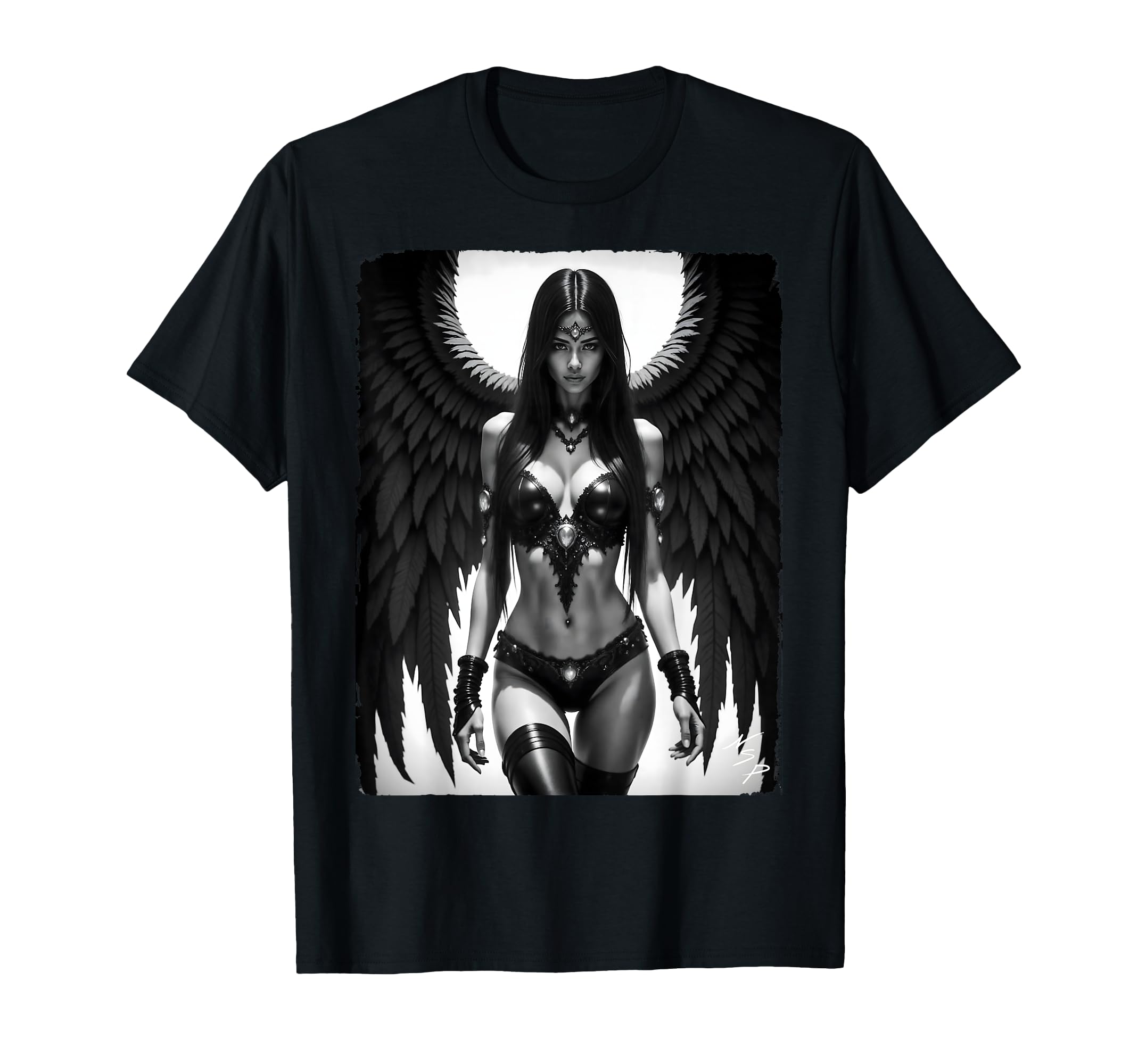 Sexy Fallen Angel Demon Devil Pinup B W T-Shirt - Trendy Graphic Unisex - T-Shirt, Sweatshirt, Hoodie