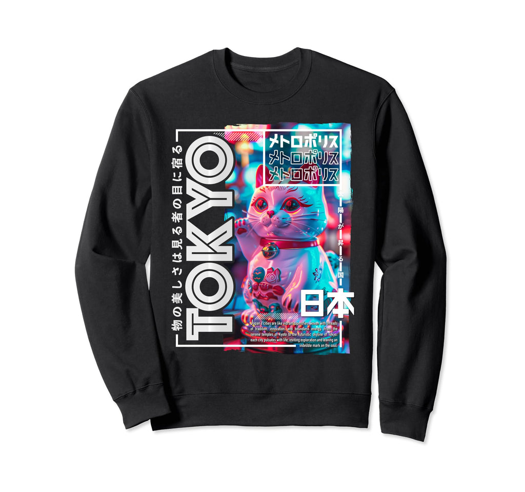 Tokyo City 80S Synthwave Manekineko Sweatshirt - Minimalist Print Unisex - T-Shirt, Sweatshirt, Hoodie