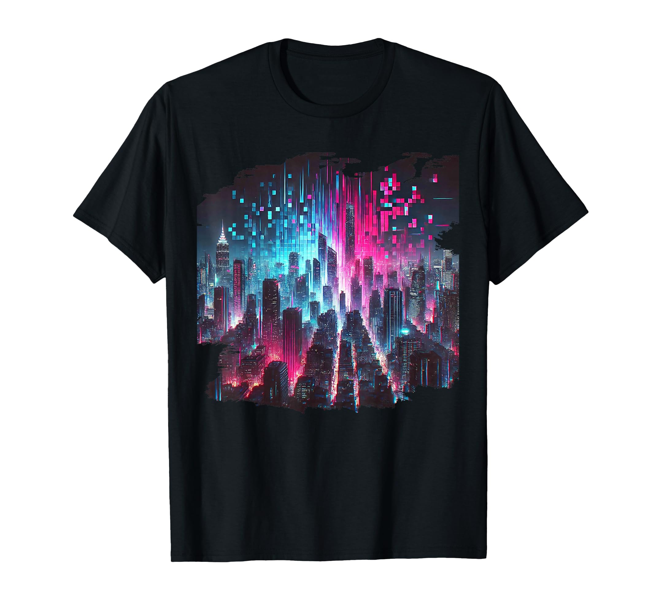 Cyberpunk Synthwave Outrun Glitch City T-Shirt - Graphic Print Unisex - T-Shirt, Sweatshirt, Hoodie