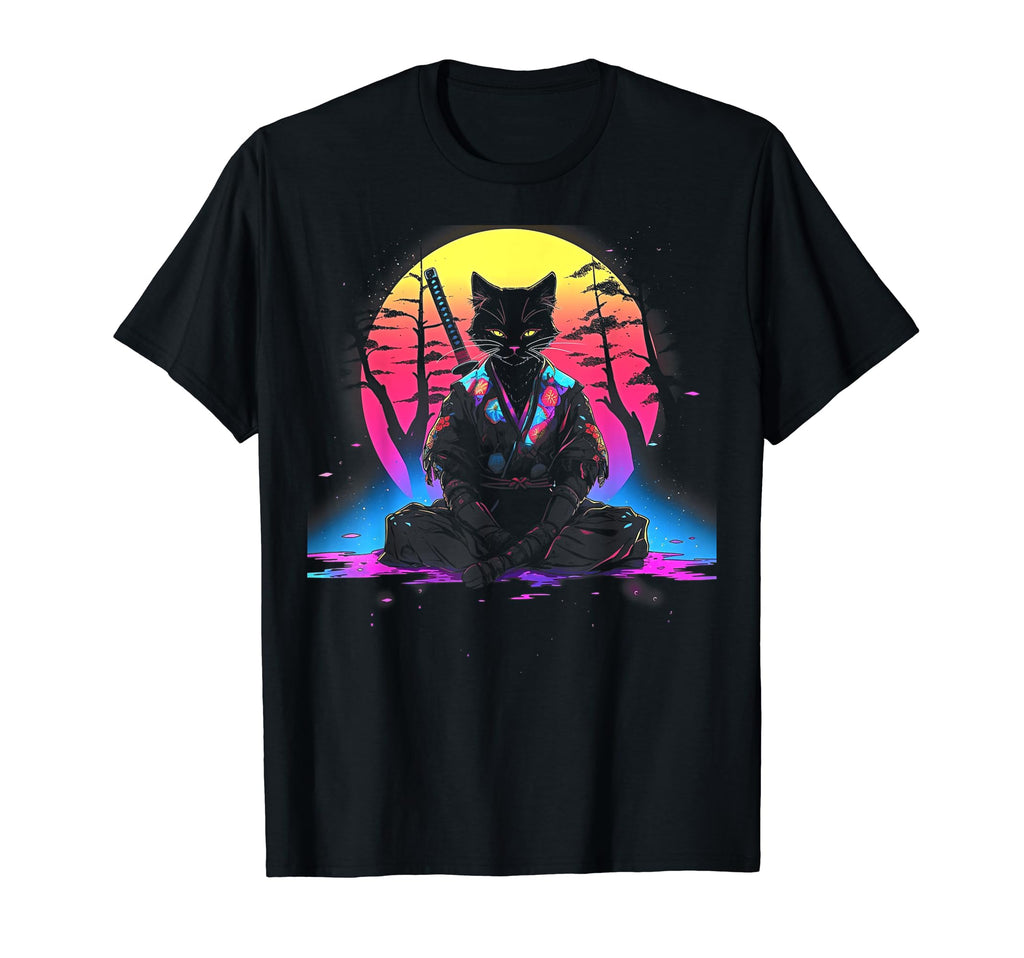 Synthwave Cat Samurai Mediation T-Shirt - Novelty Apparel for Adults - T-Shirt, Sweatshirt, Hoodie