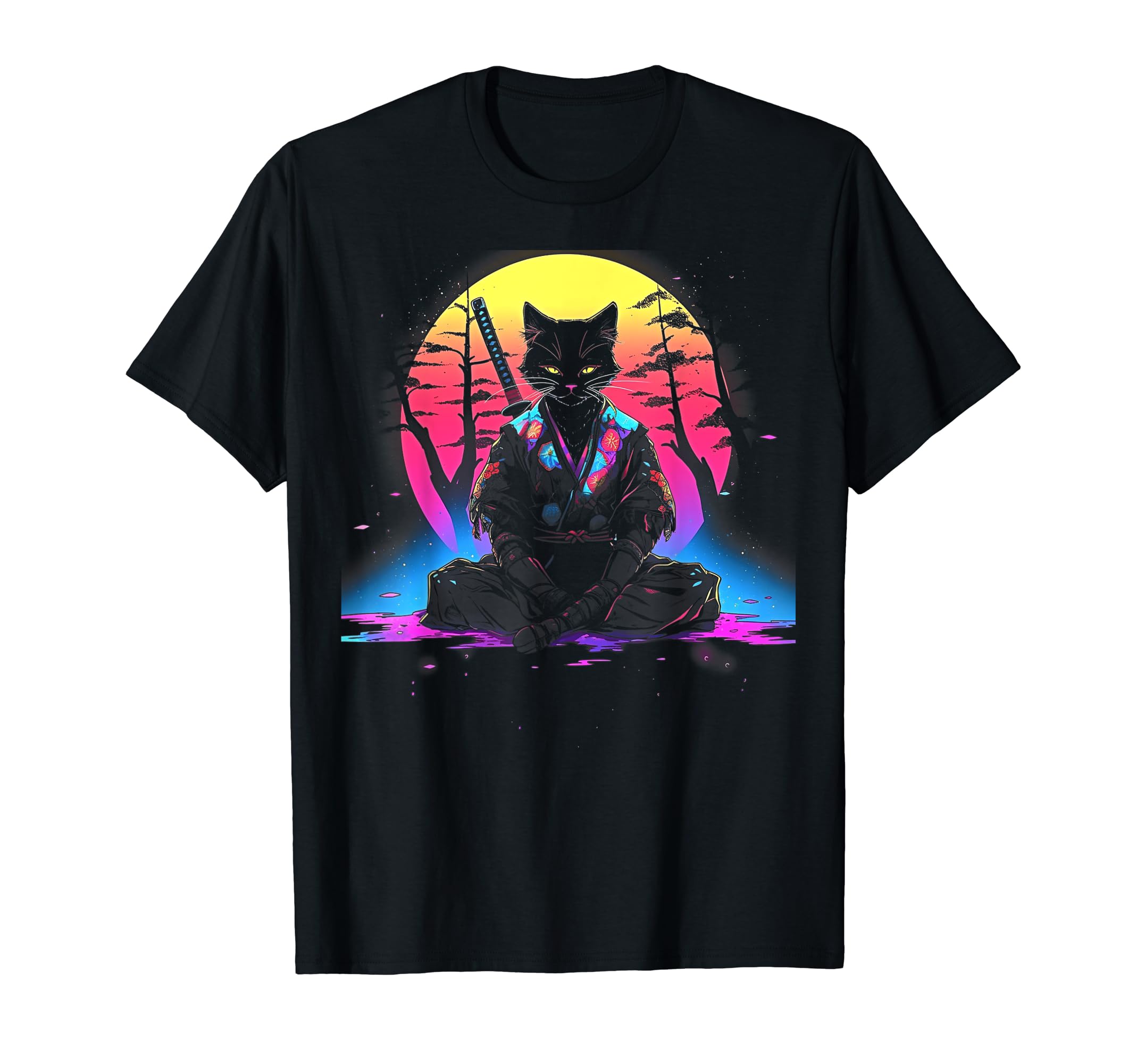 Synthwave Cat Samurai Mediation T-Shirt - Novelty Apparel for Adults - T-Shirt, Sweatshirt, Hoodie