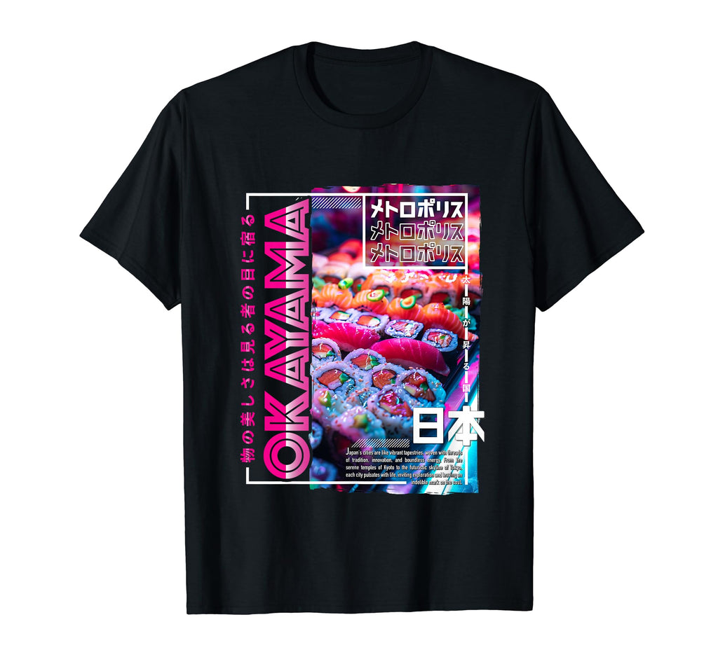Okayama City 80S Synthwave Sushi Japan T-Shirt - Unique Graphic Unisex - T-Shirt, Sweatshirt, Hoodie