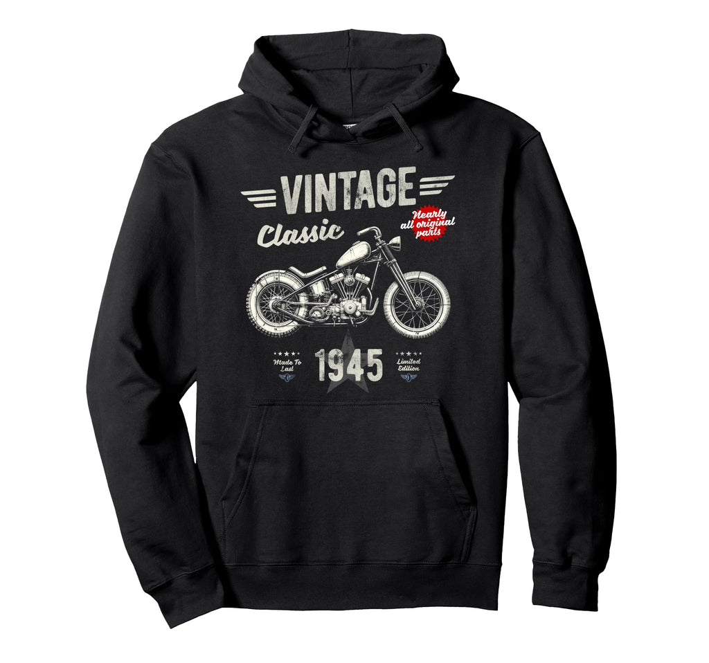 Born 1945 80Th Birthday Motorbike Hoodie - Novelty Apparel for Adults - T-Shirt, Sweatshirt, Hoodie