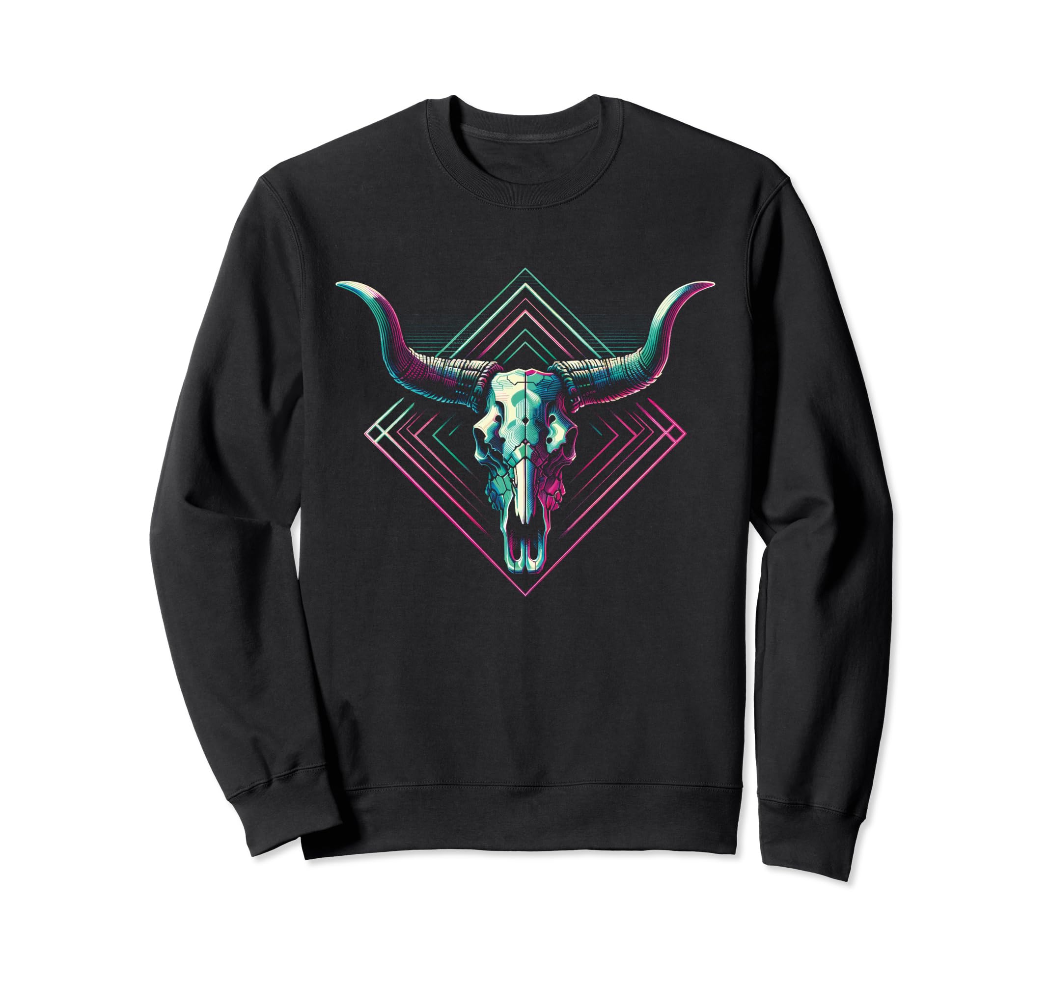 Vaporwave Longhorn Cow Cattle Skull Sweatshirt - Graphic Print for Adults - T-Shirt, Sweatshirt, Hoodie
