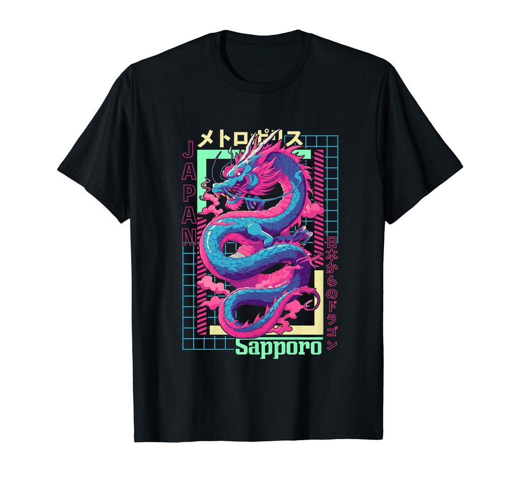 Sapporo City Synthwave 80S Dragon Asian T-Shirt - Custom Art Print Unisex - T-Shirt, Sweatshirt, Hoodie