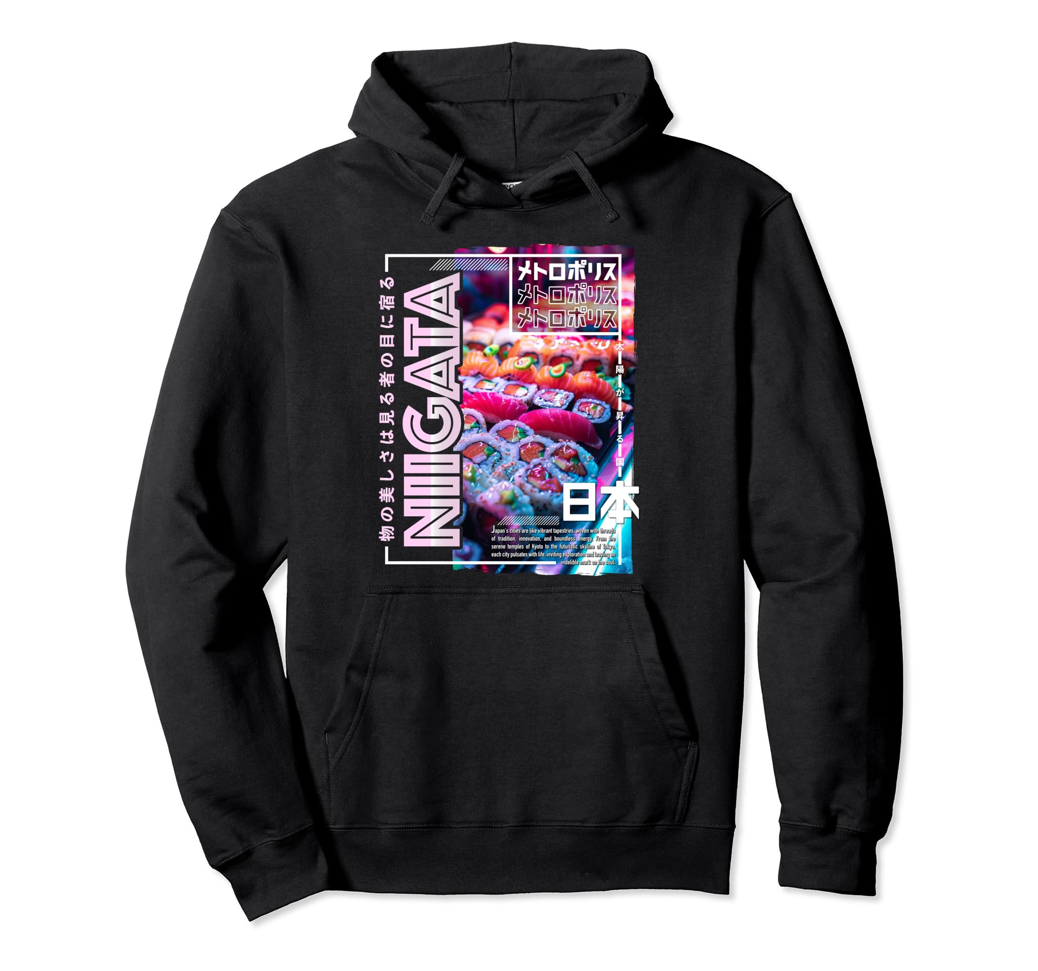 Niigata City 80S Synthwave Sushi Japan Hoodie - Fun Novelty Design Unisex - T-Shirt, Sweatshirt, Hoodie
