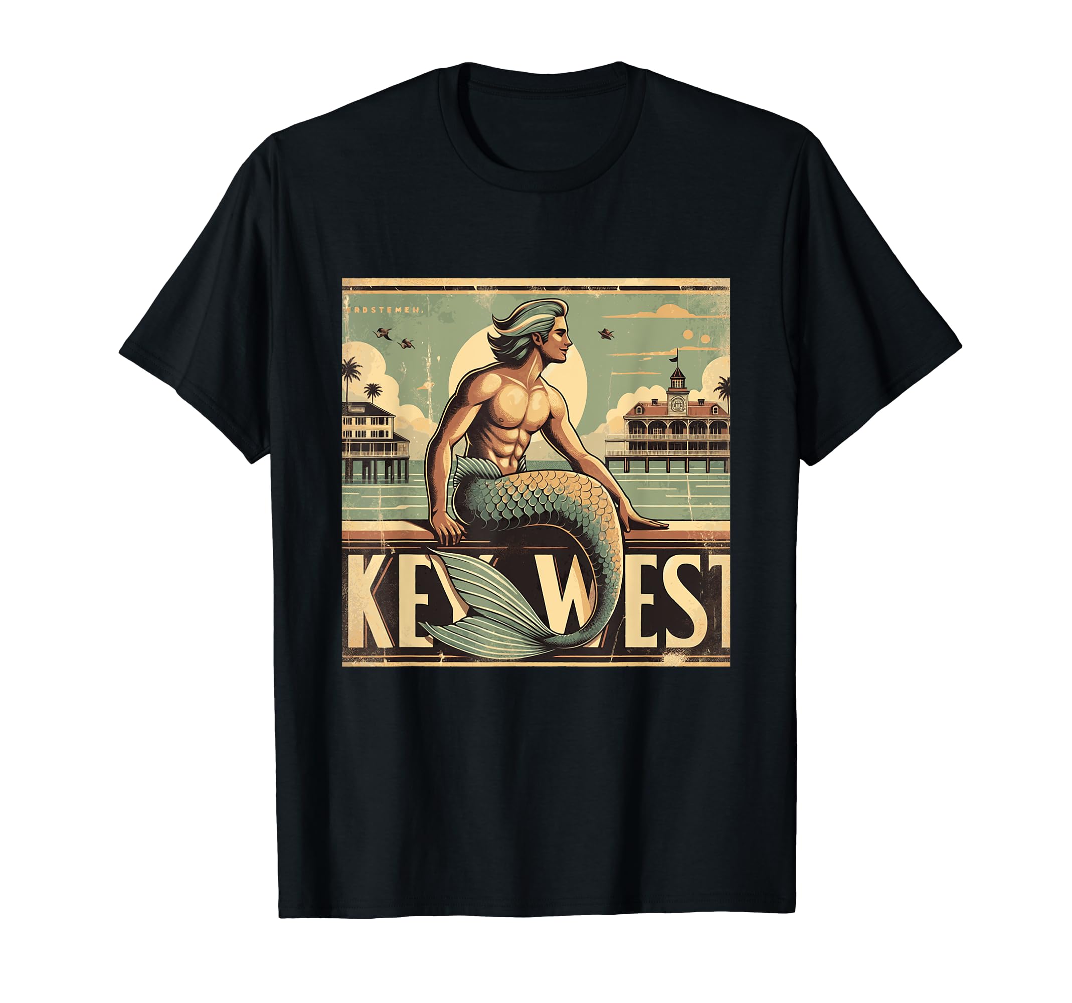 Key West Postcard Merman Mermaid Atlantis T-Shirt - Graphic Print Unisex - T-Shirt, Sweatshirt, Hoodie