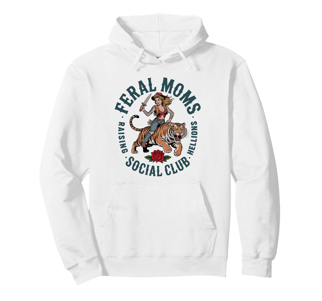 Feral Moms Social Club Raising Hellions Hoodie - Unique Graphic Unisex - T-Shirt, Sweatshirt, Hoodie