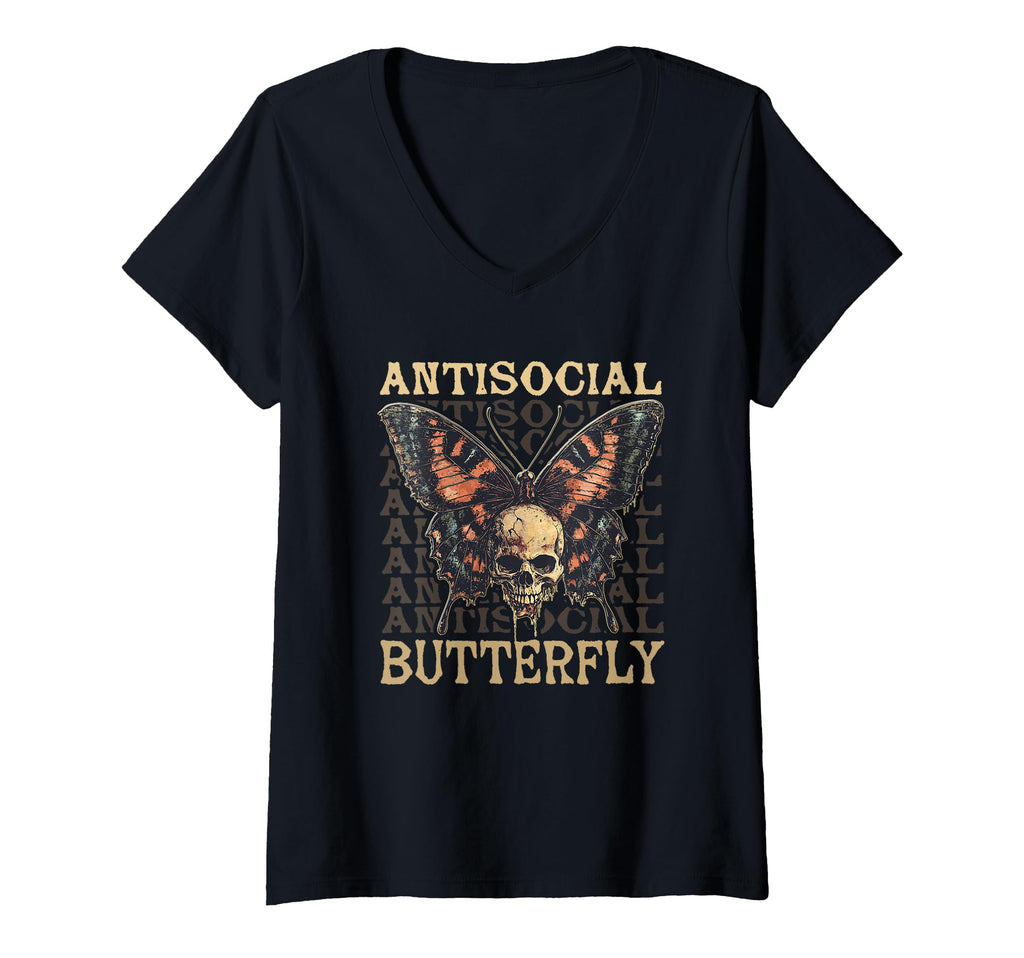 Womens Antisocial Butterfly V Neck T-Shirt - Fun Novelty Design for Adults - T-Shirt, Sweatshirt, Hoodie