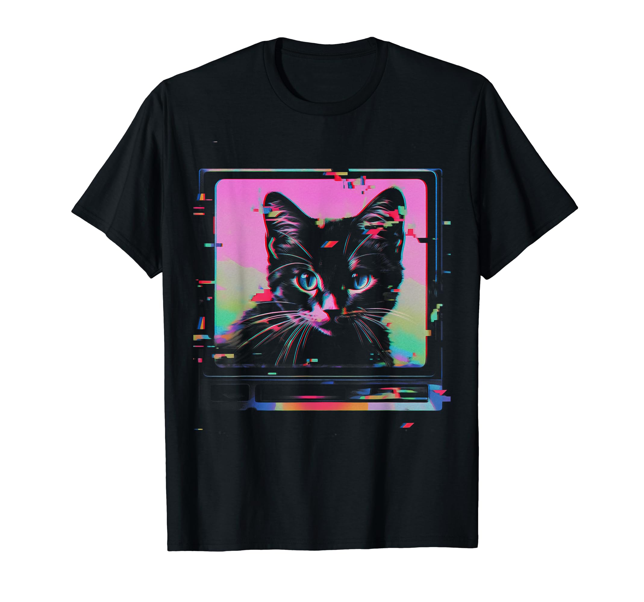 Psychedelic Trippy Glitch Cat 80S T-Shirt - Casual Everyday Wear Unisex - T-Shirt, Sweatshirt, Hoodie