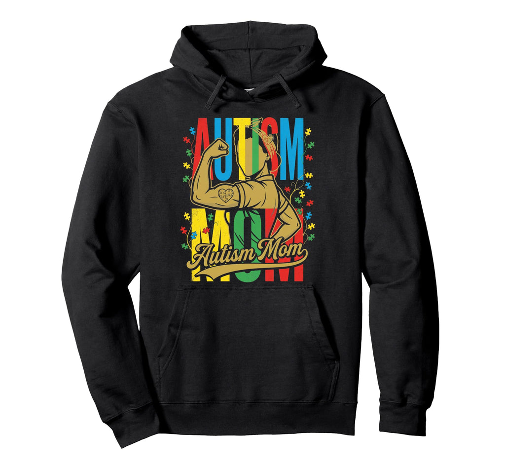 Strong Autism Mom Flexing Puzzle Piece Hoodie - Unique Graphic Men Women - T-Shirt, Sweatshirt, Hoodie