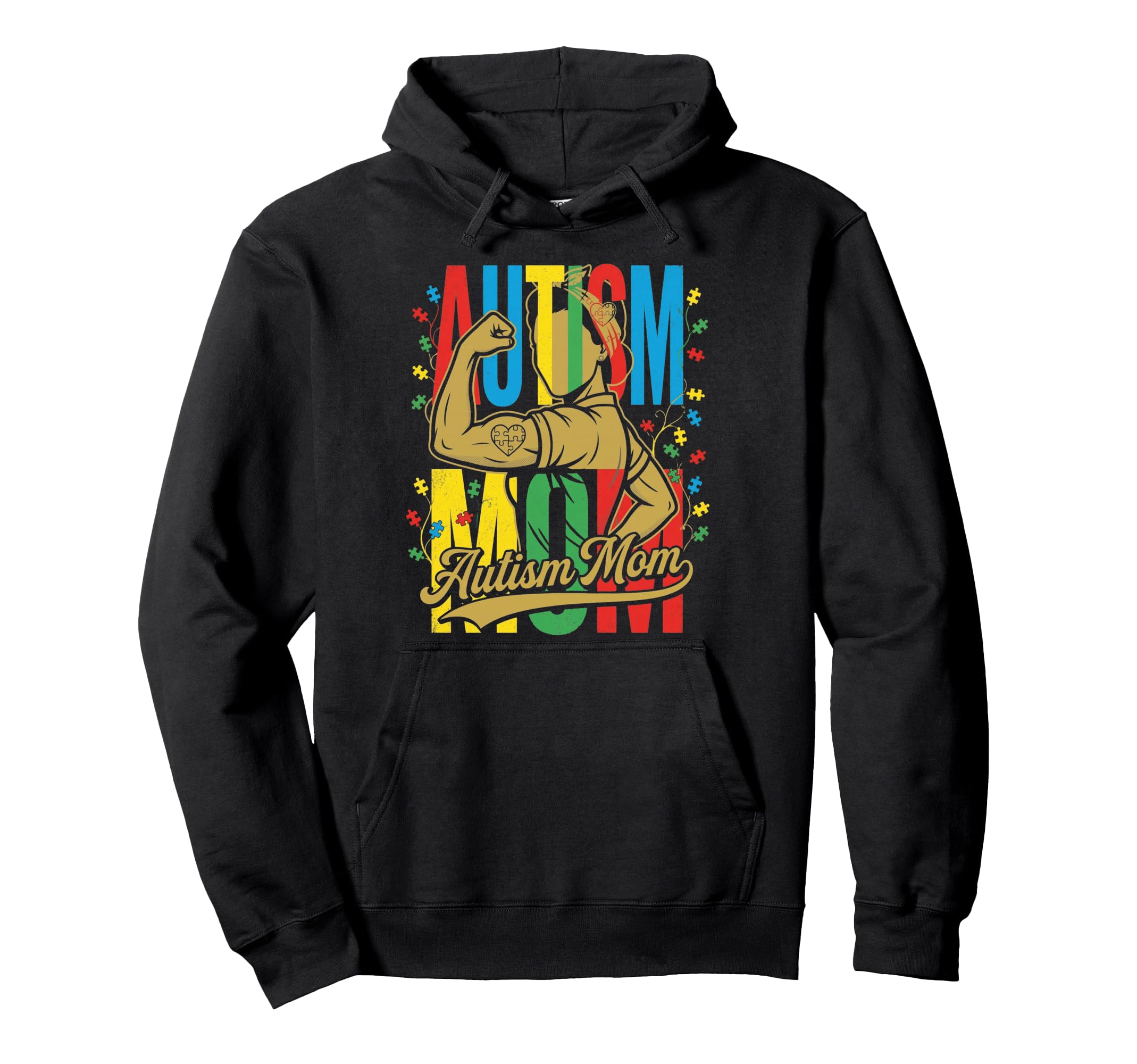 Strong Autism Mom Flexing Puzzle Piece Hoodie - Unique Graphic Men Women - T-Shirt, Sweatshirt, Hoodie