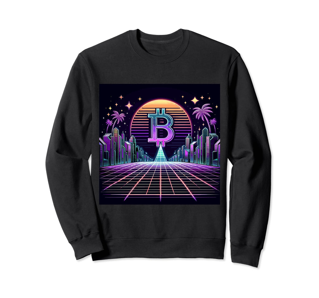 Crypto City Synthwave Bitcoin Sweatshirt - Unique Graphic for Adults - T-Shirt, Sweatshirt, Hoodie