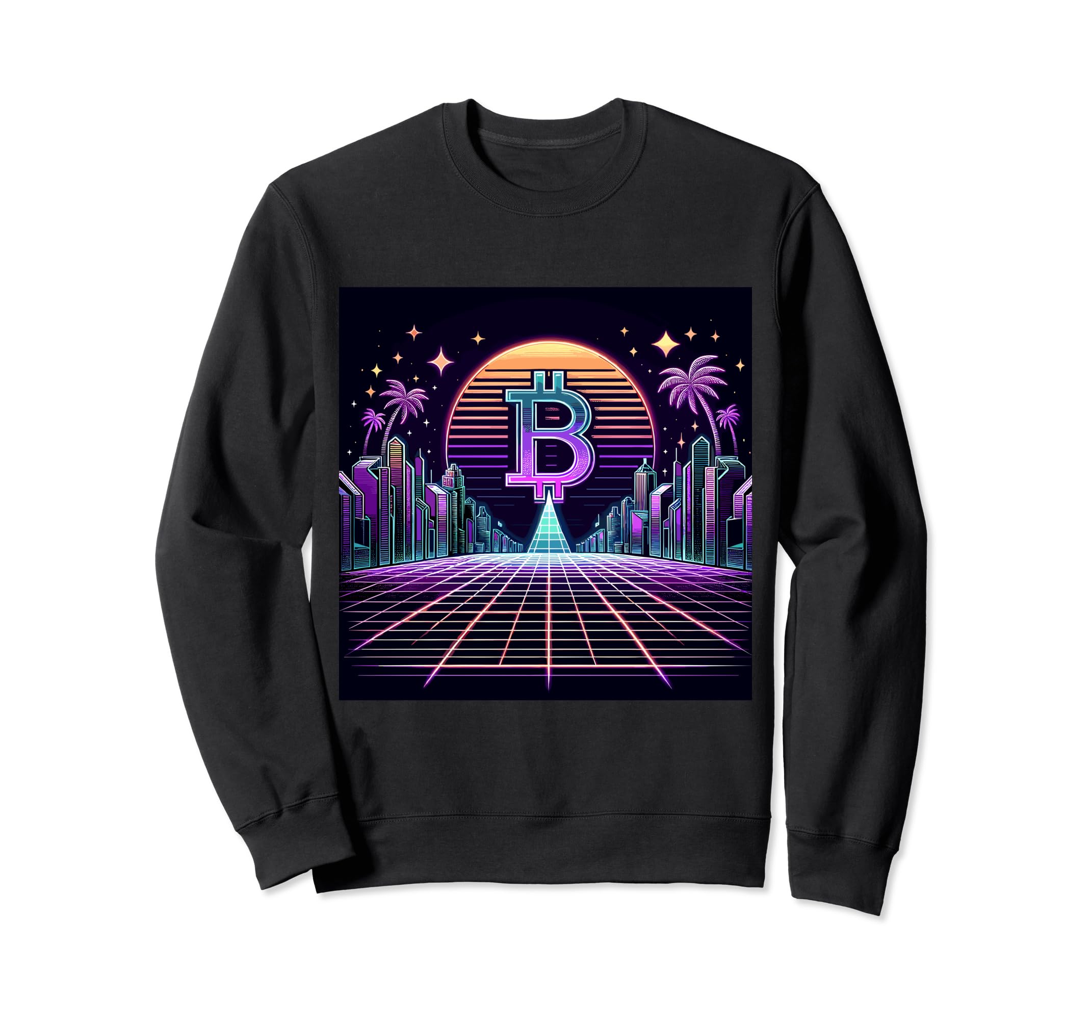 Crypto City Synthwave Bitcoin Sweatshirt - Unique Graphic for Adults - T-Shirt, Sweatshirt, Hoodie