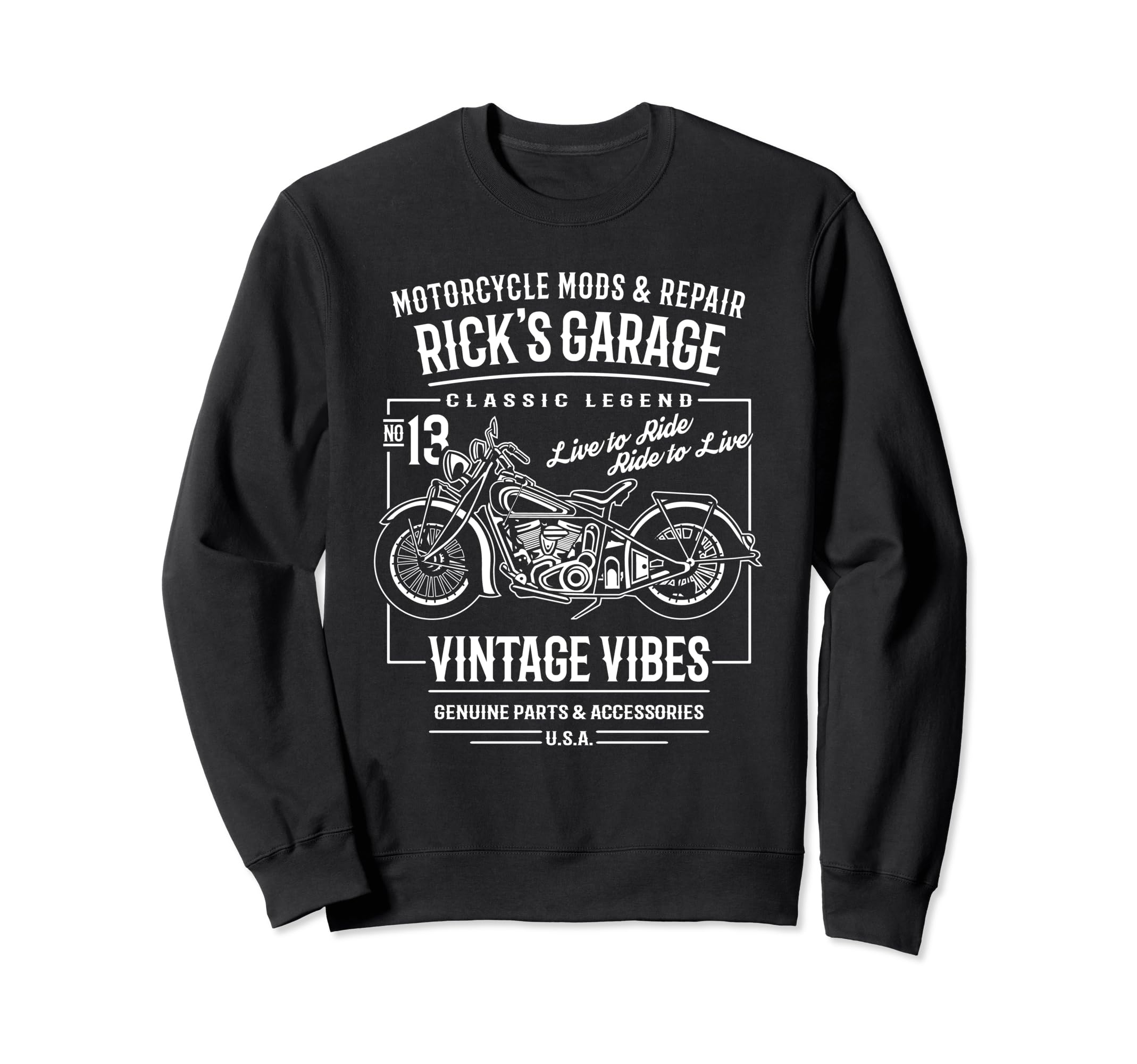Ricks Garage Motorcycle Name Rick Sweatshirt - Graphic Print for Adults - T-Shirt, Sweatshirt, Hoodie