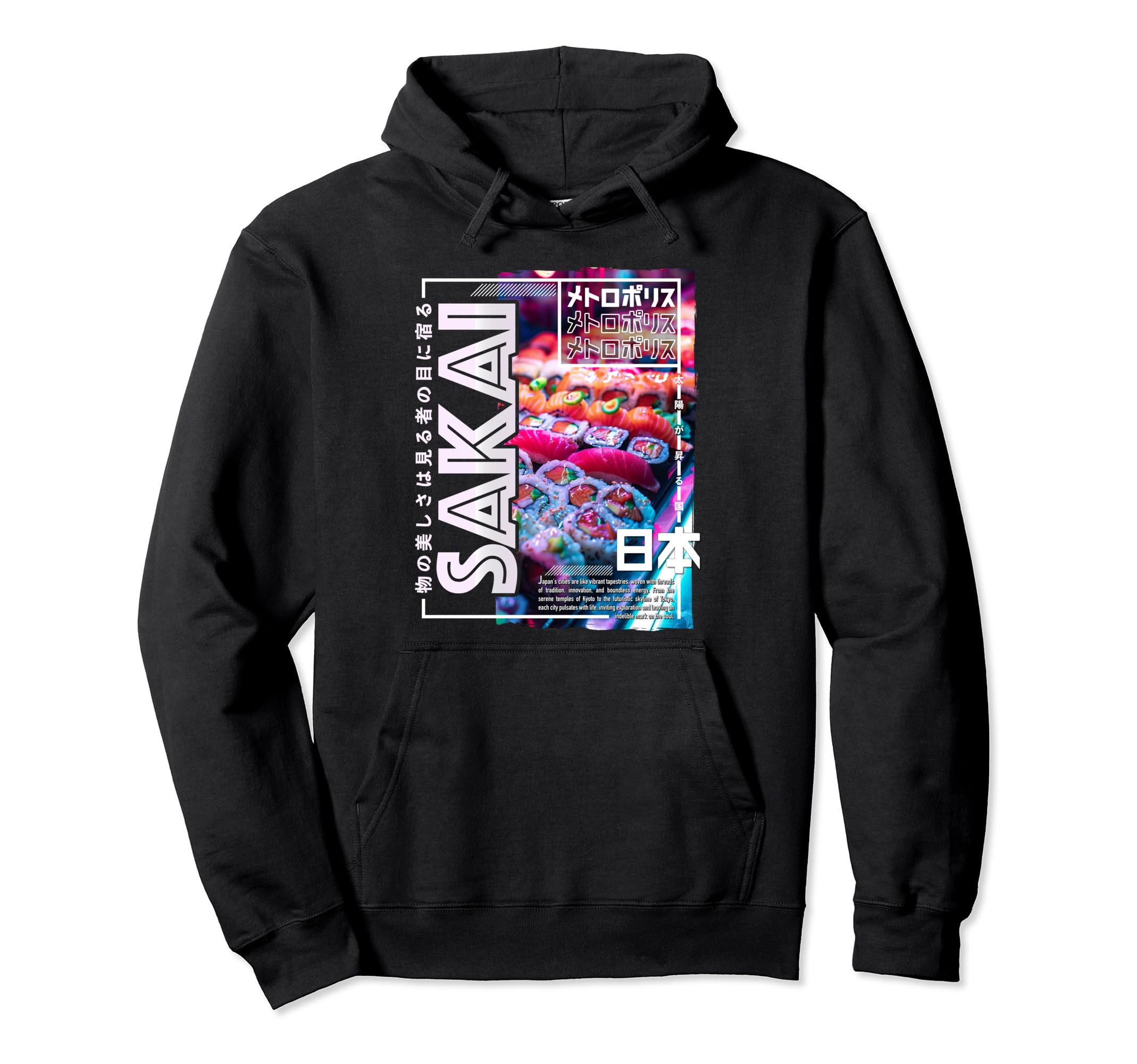 Sakai City 80S Synthwave Sushi Japan Hoodie - Trendy Graphic for Adults - T-Shirt, Sweatshirt, Hoodie